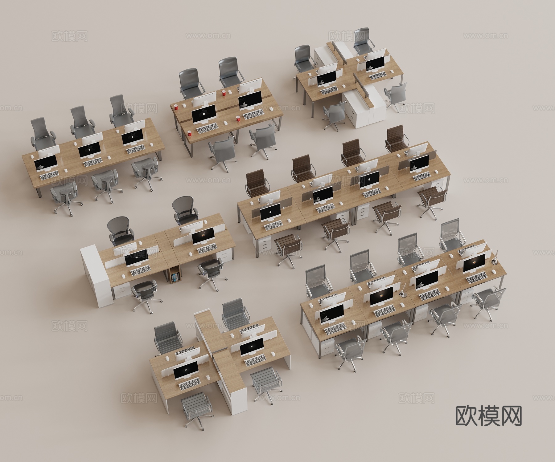 现代办公桌椅组合 多人办公桌 实木办公桌 休闲办公椅 皮质办3d模型