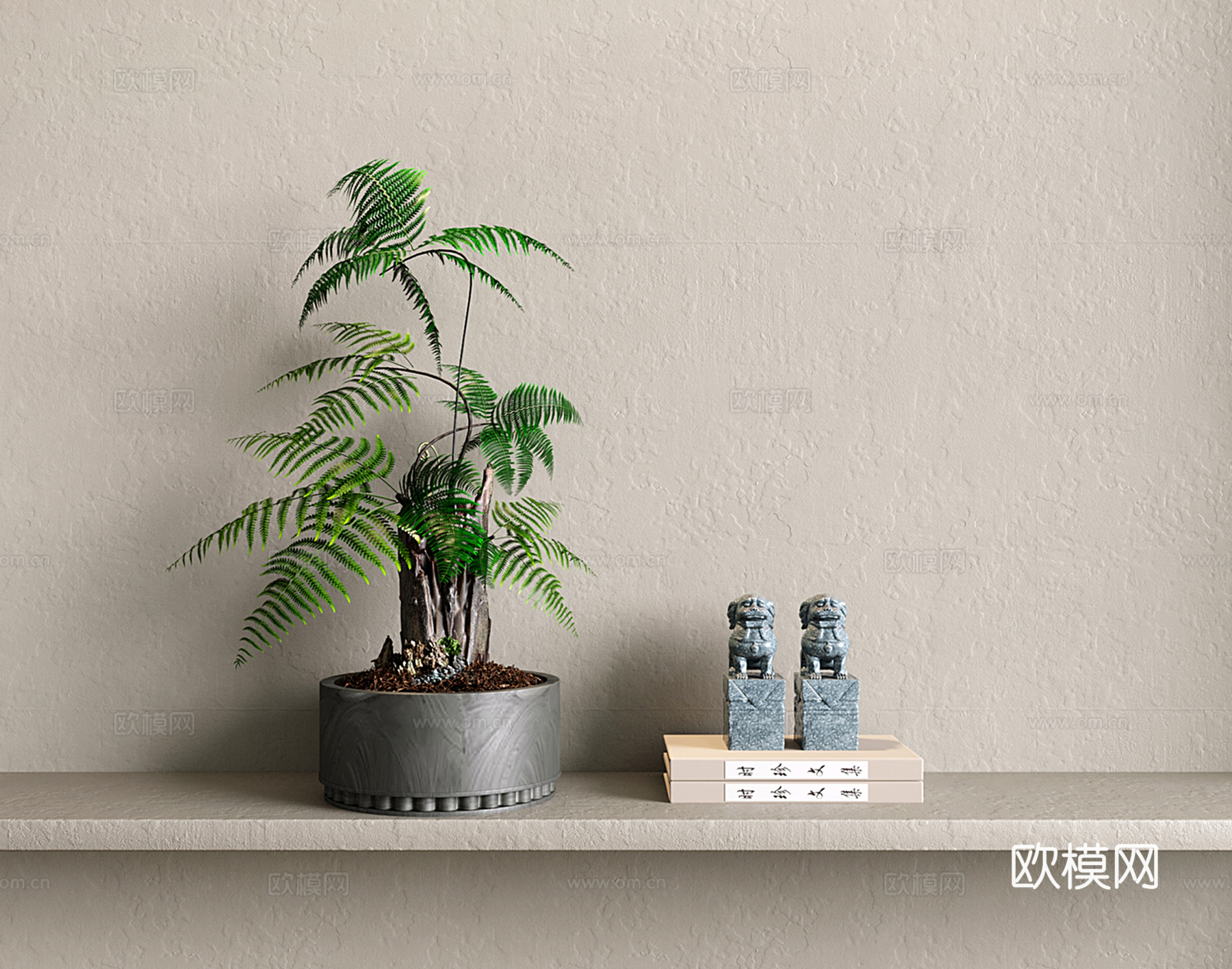 新中式花瓶 花艺 蕨类植物su模型