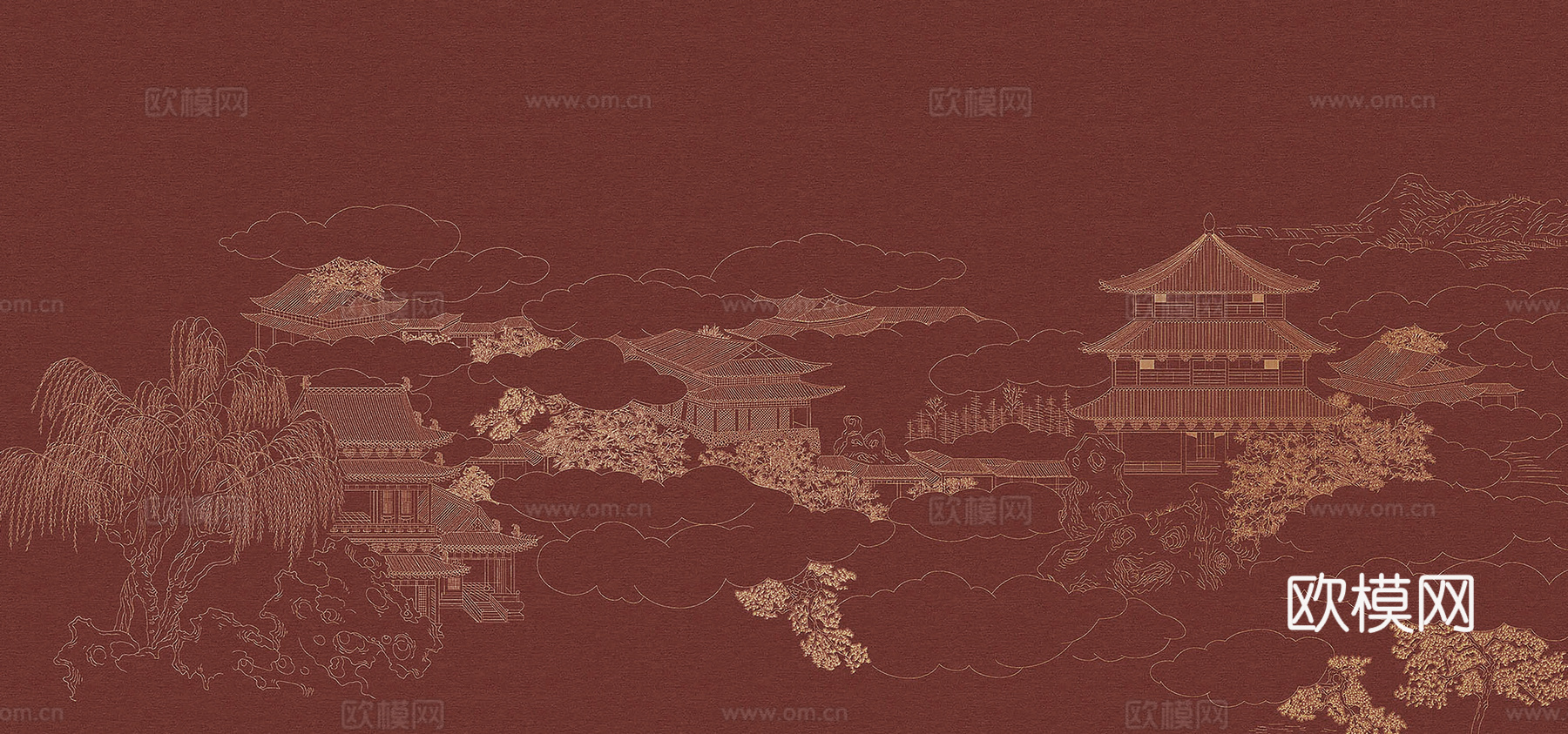 新中式中式壁纸_深红色宫阙画壁纸
