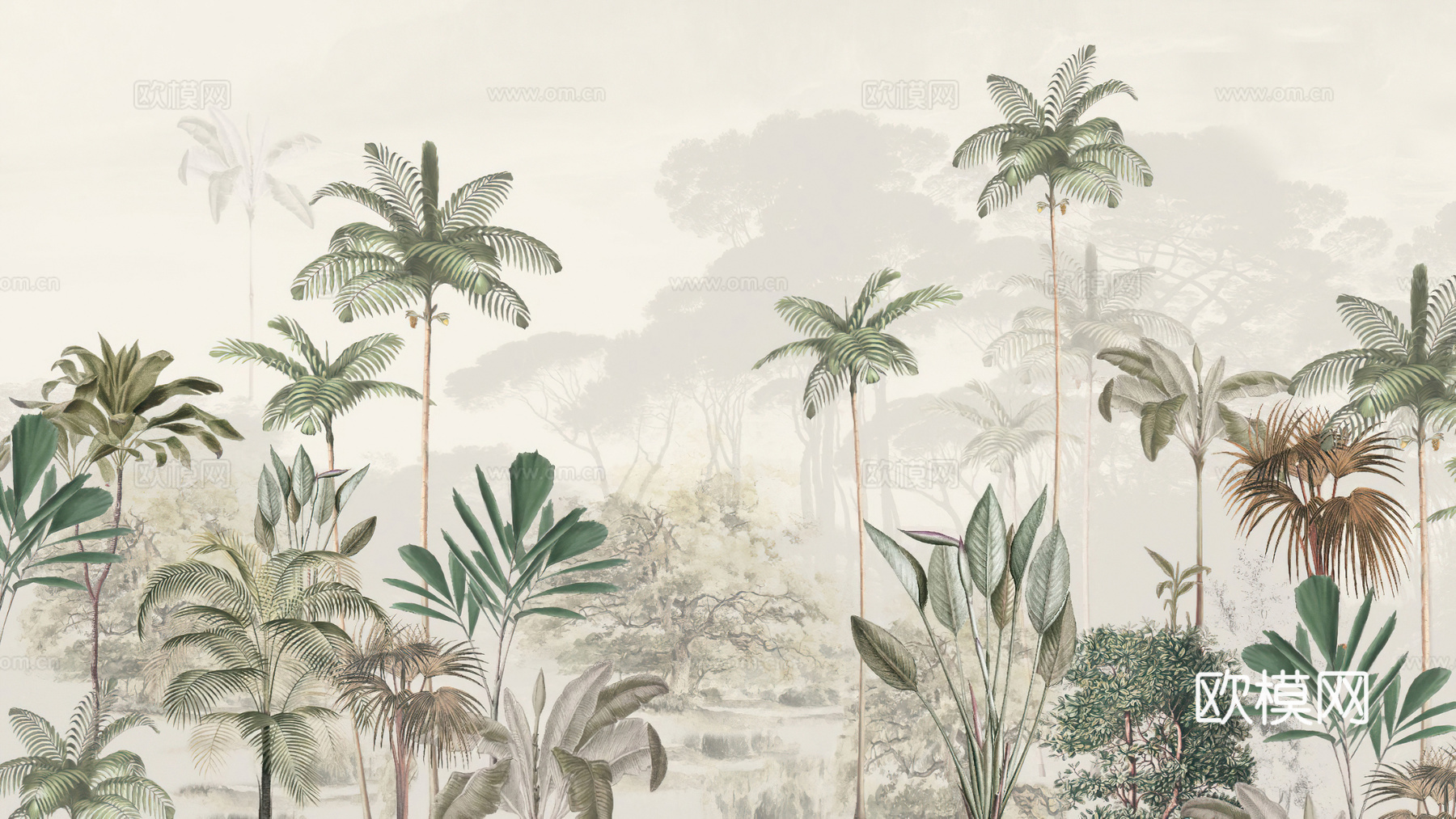 黄灰色植物印花壁画贴图