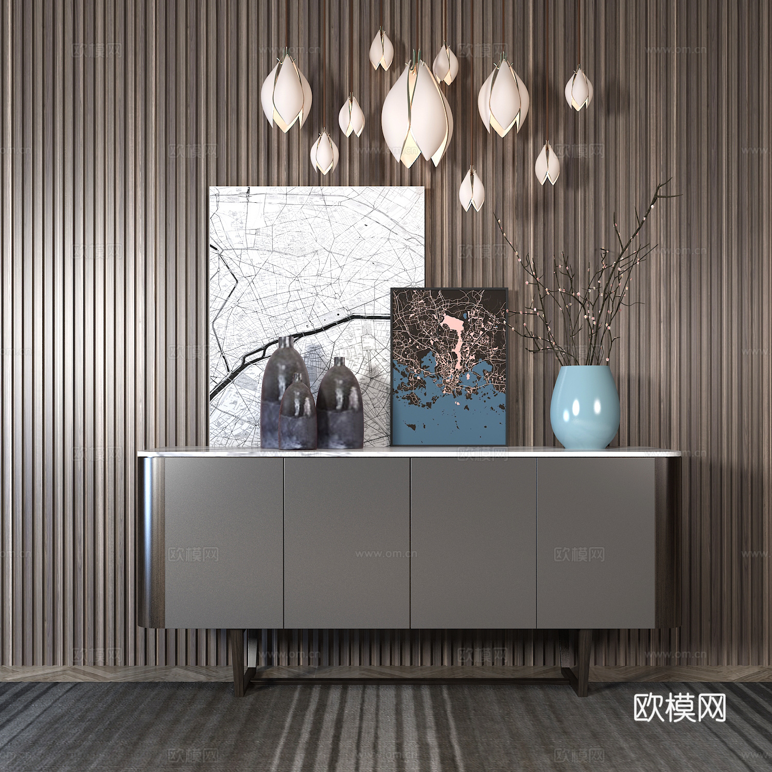 边柜 植物 玄关柜 现代柜 餐边柜 挂画 中式挂画 墙饰3d模型