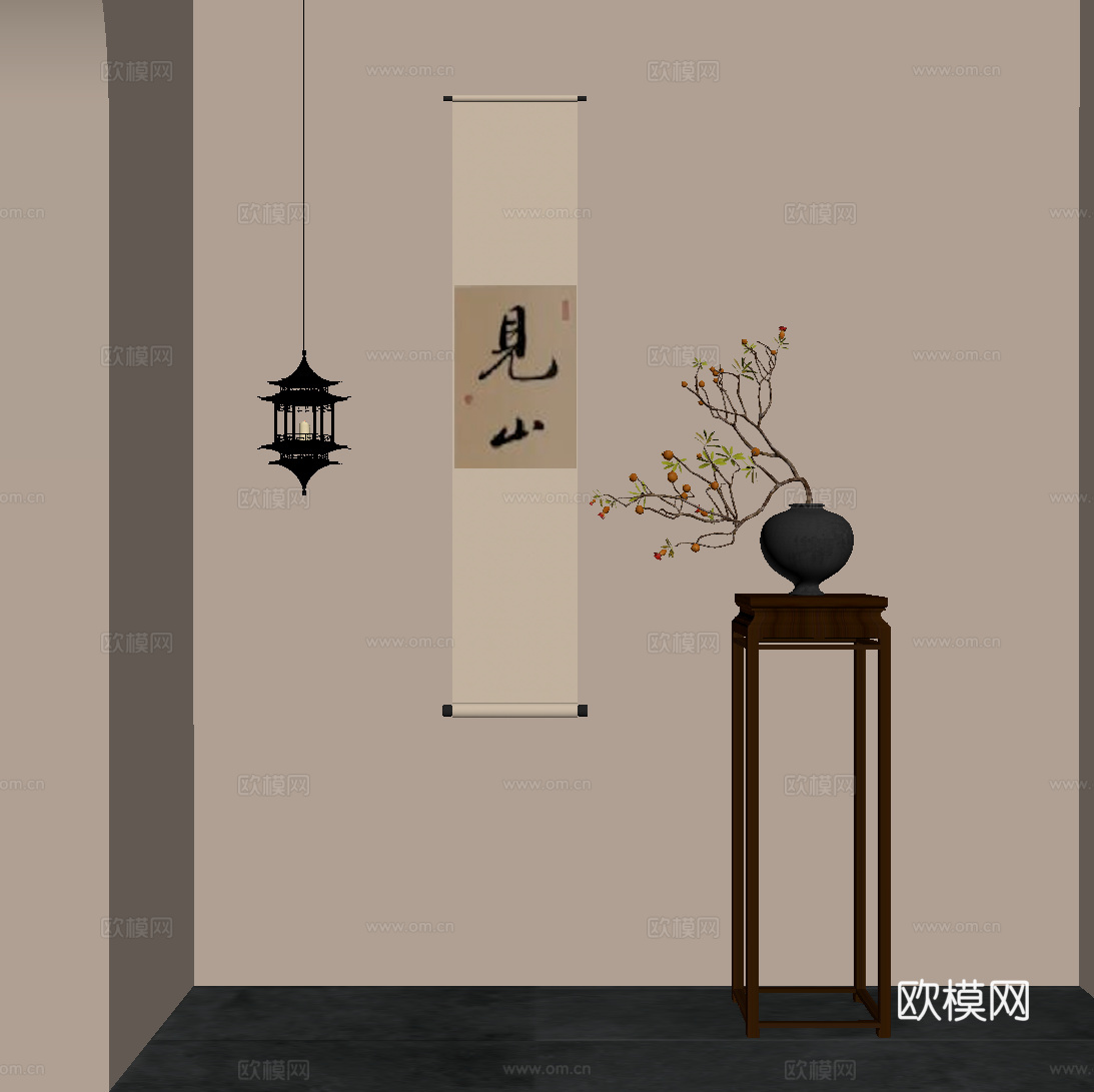 新中式花架 盆景 挂画 吊灯su模型