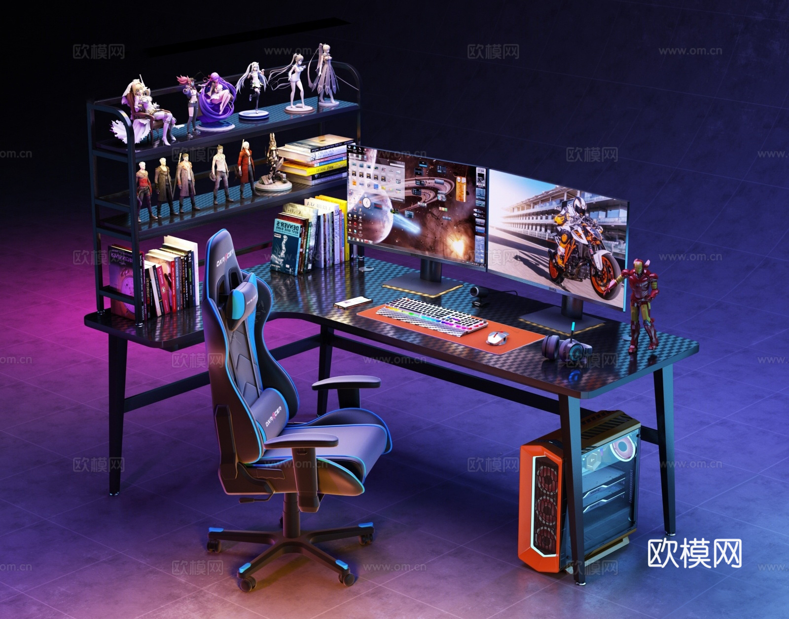 现代 电竞桌 转角电竞桌椅组合免费3d模型下载