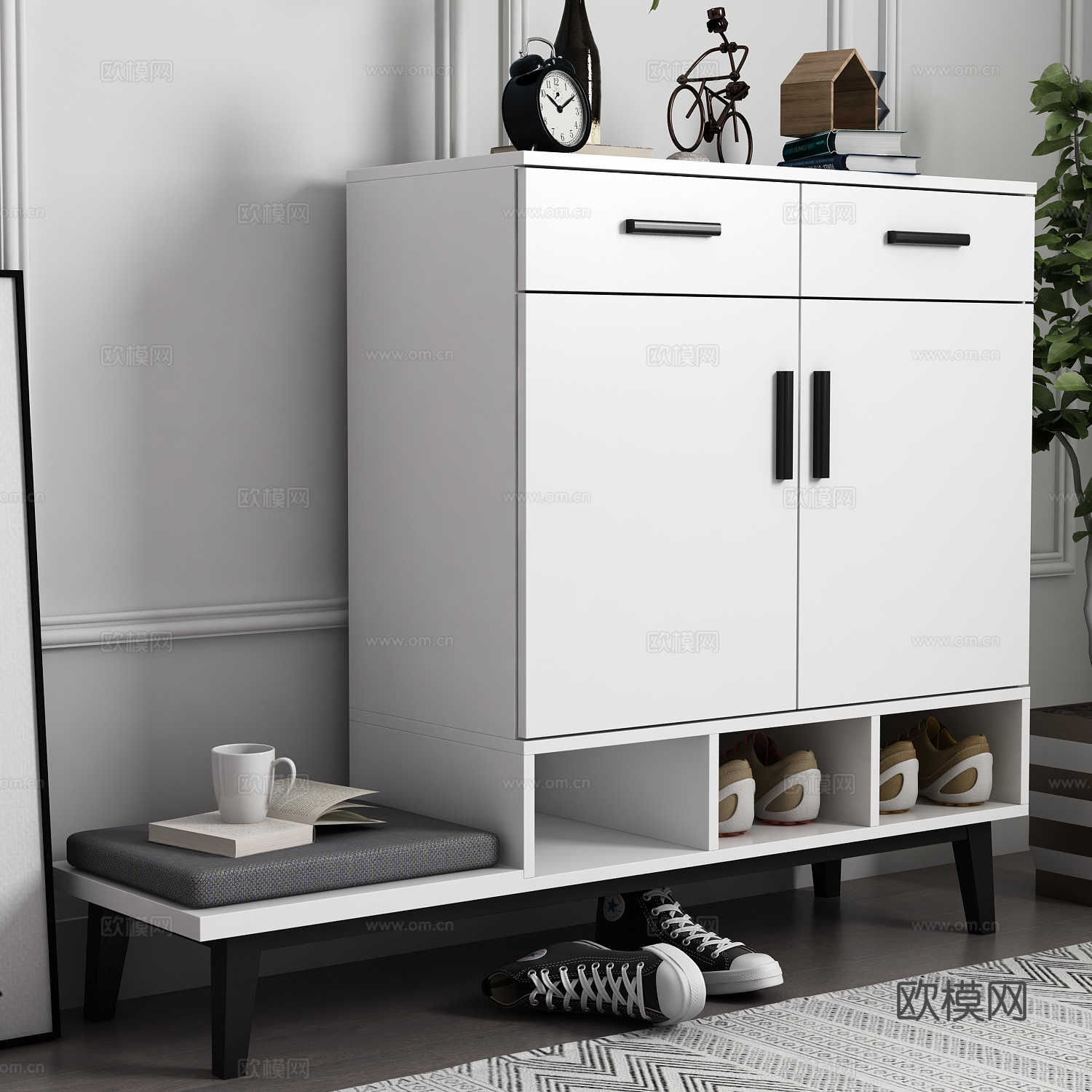 北欧鞋柜 鞋凳组合 鞋子 地毯 绿植 画 饰品3d模型