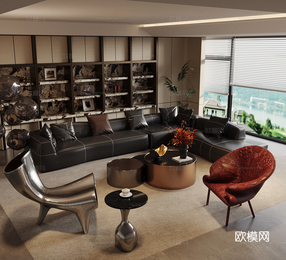 现代意式家居客厅 轻奢意式客厅 沙发茶几组合 高级灰客厅3d模型