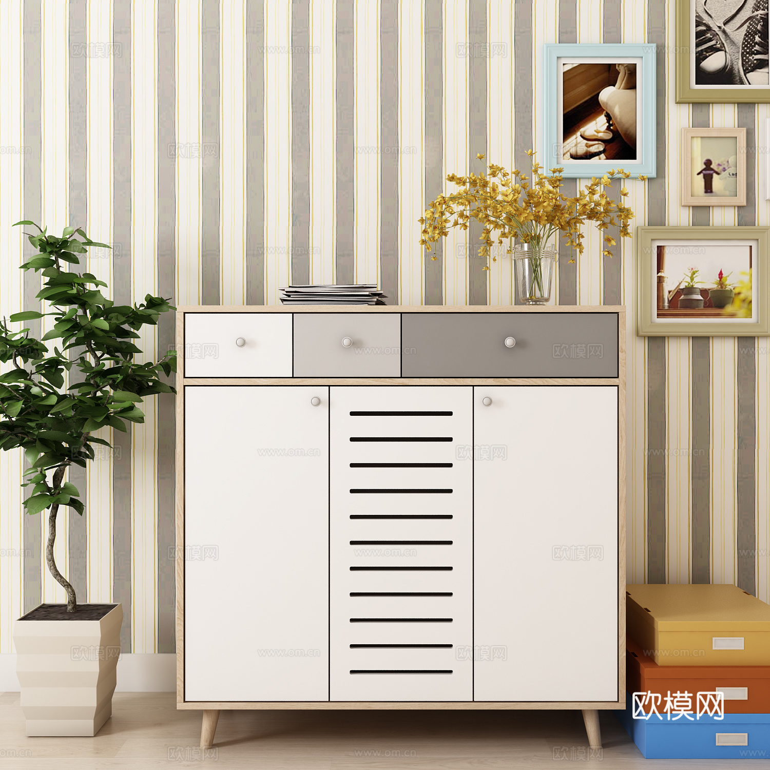 现代鞋柜绿植相框饰品3d模型