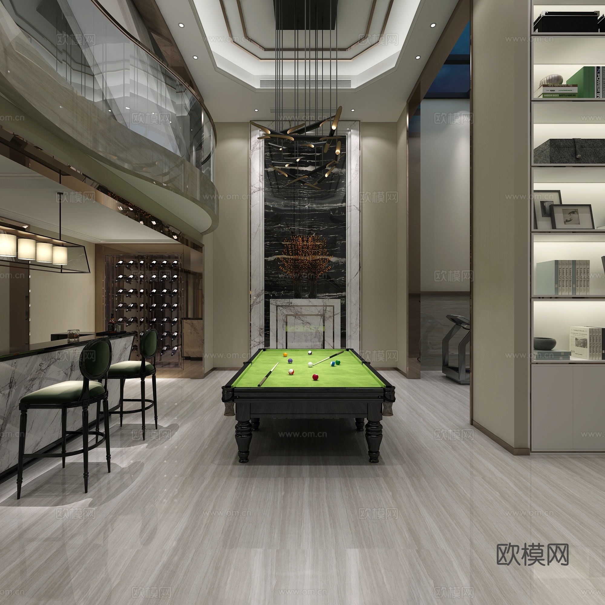 现代地下室 吊灯 酒柜 水吧台 台球 活动室 3D模型3d模型