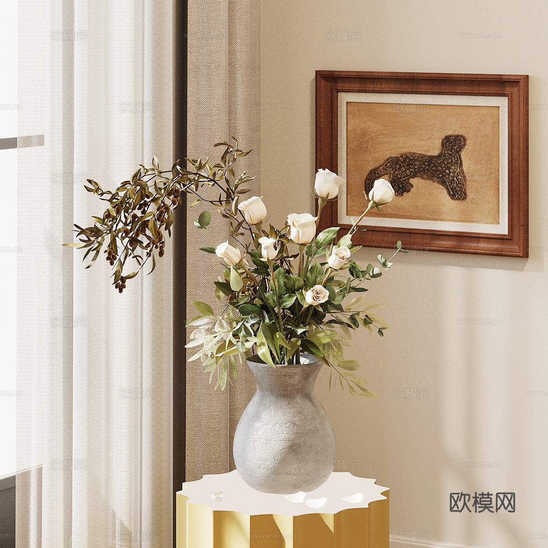 花 陶瓷花瓶 花艺鲜花 玫瑰花 白色花艺 假花永生花 客厅花3d模型