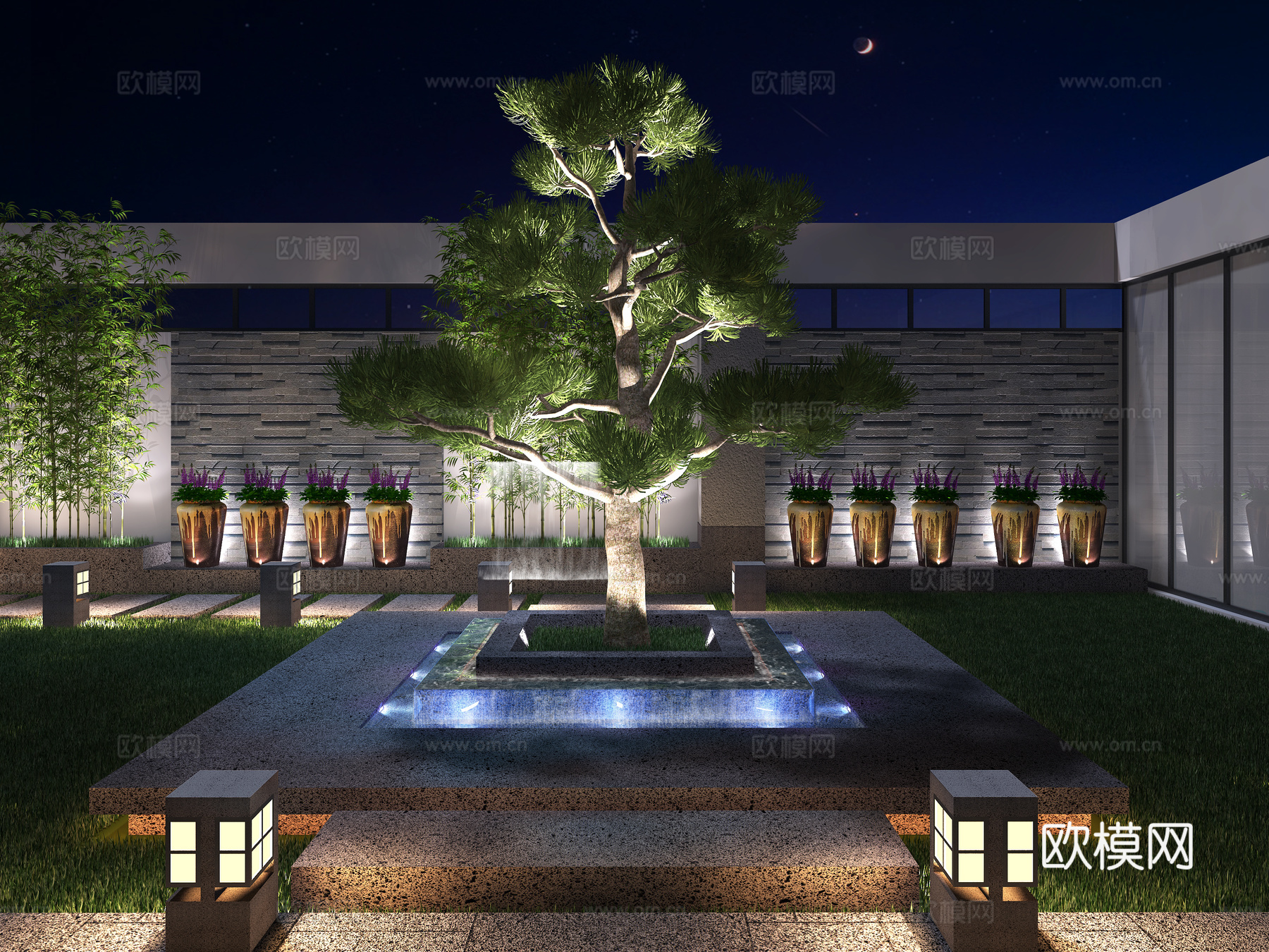 新中式屋顶花园 庭院 景观 植物盘栽 草地灯3d模型