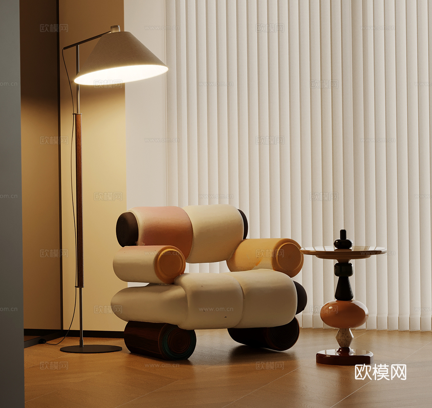 中古风休闲椅 边几 落地灯su模型