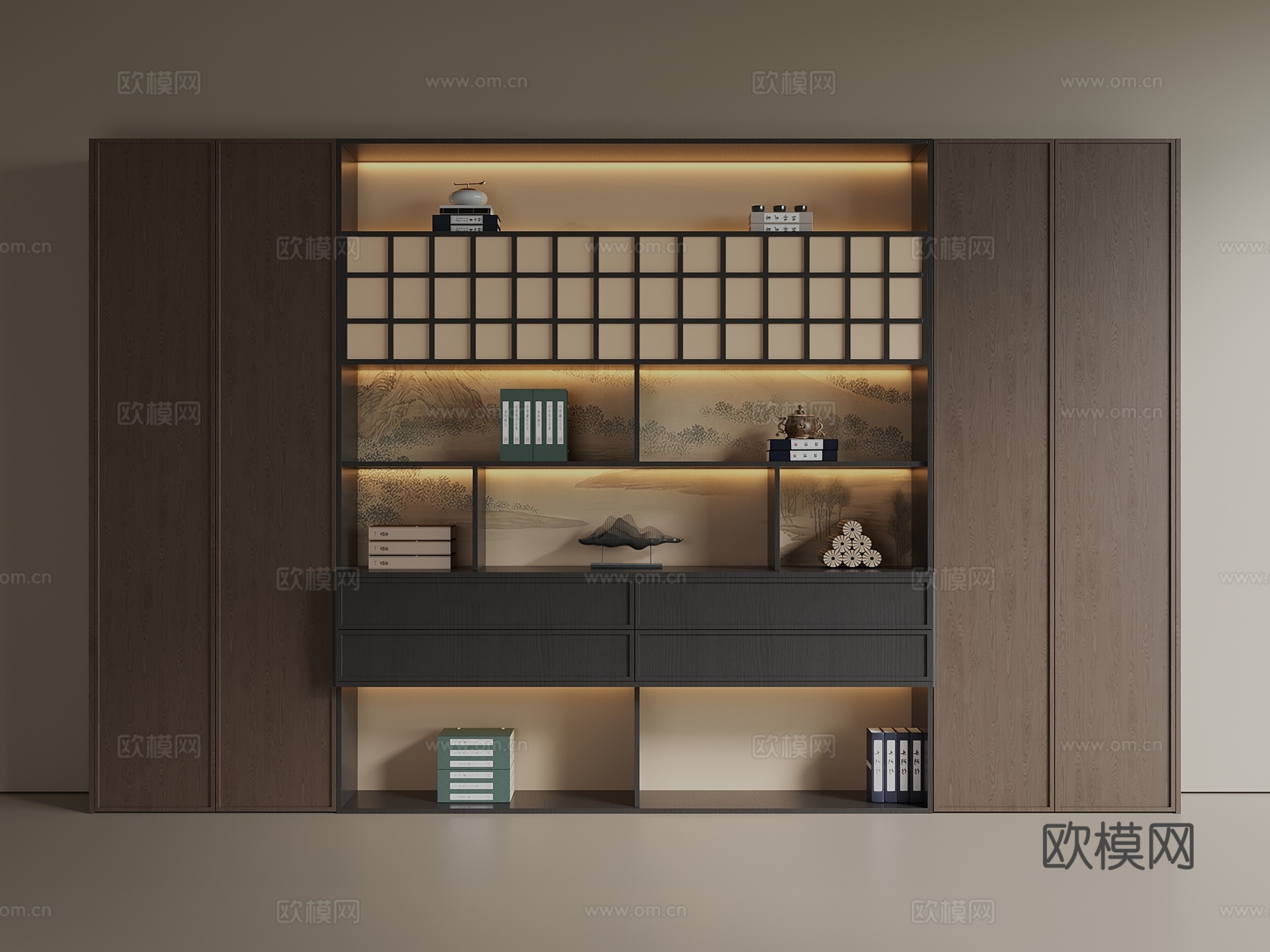 中古 新中式 茶柜 书柜 储物柜 酒柜su模型
