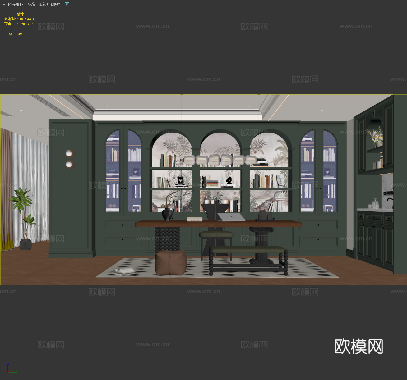 法式复古书房茶室 法式复古绿书柜墙 靠墙书柜装饰柜 法式茶桌3d模型