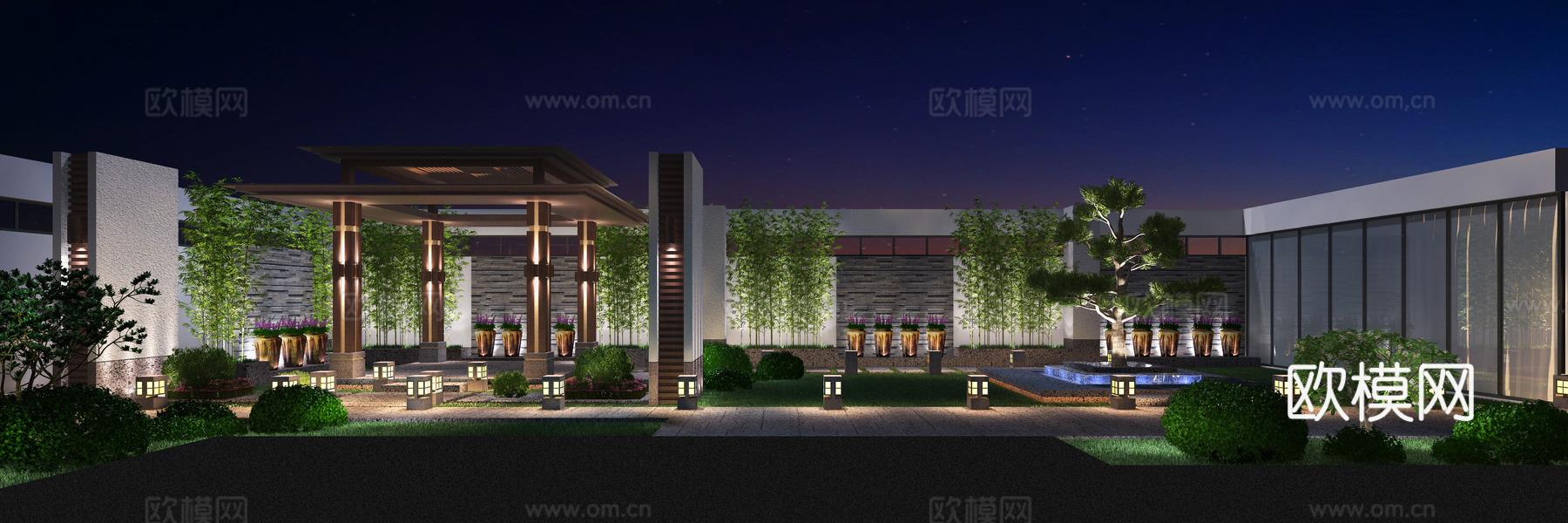 新中式屋顶花园 庭院 景观 植物盘栽 草地灯3d模型