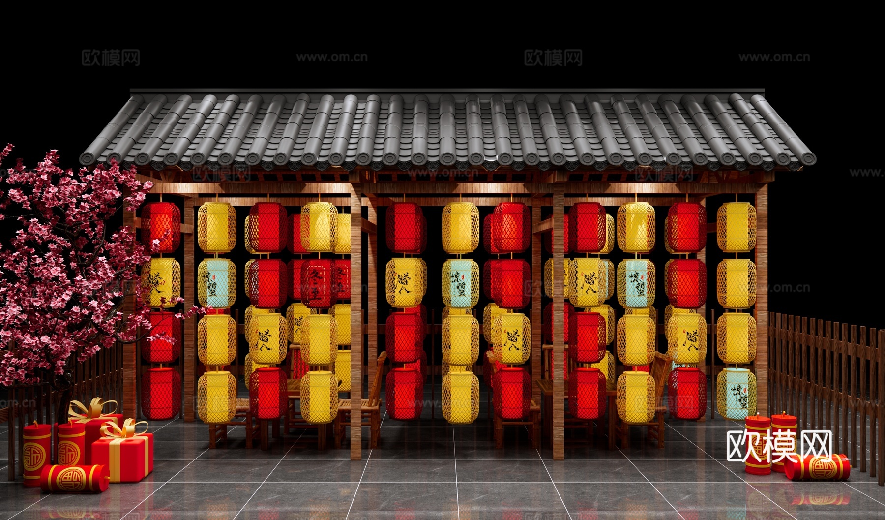 中式灯笼装置美陈 灯谜灯笼 灯会美陈 景区灯笼景墙 新年元宵su模型