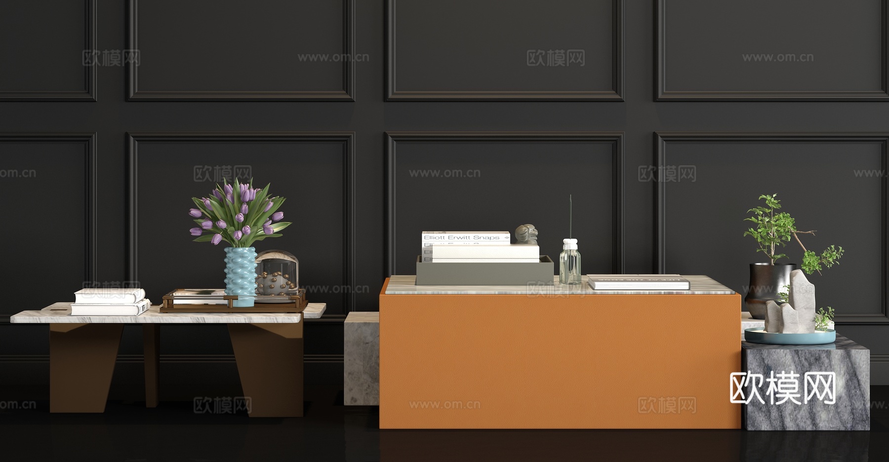 现代金属皮革茶几 角几 饰品组合3d模型