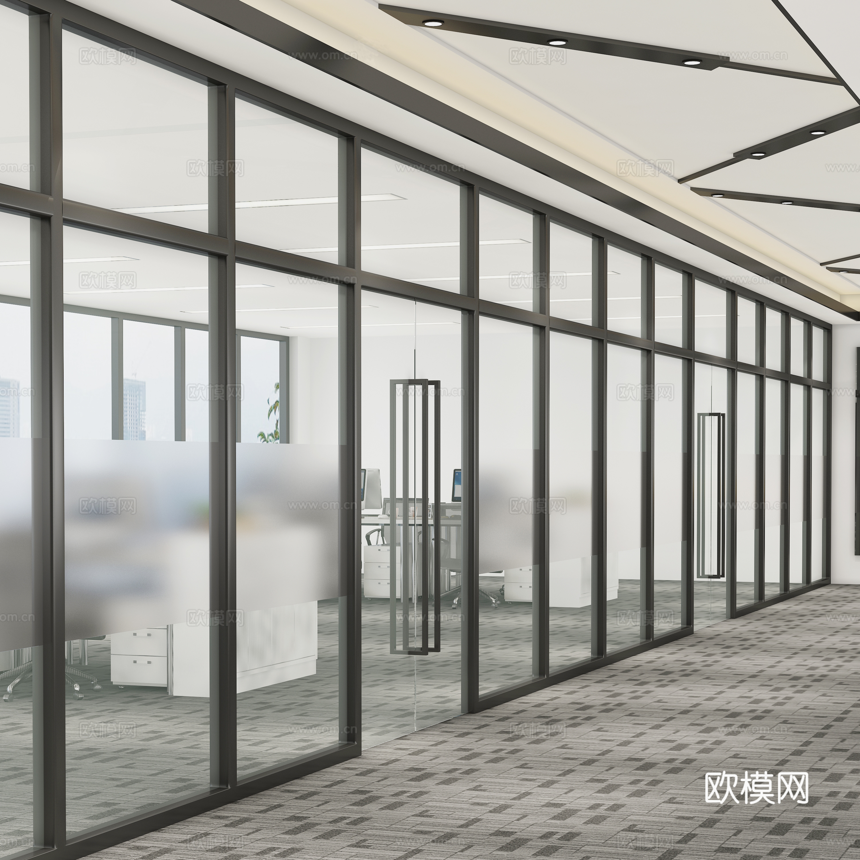 现代办公室 职员室 办公隔断 办公落地窗 职员桌椅3d模型