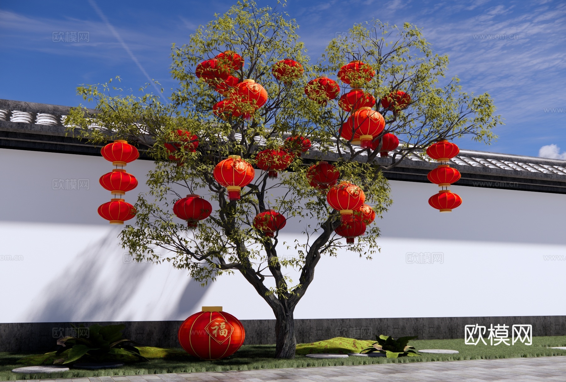 中式灯笼树美陈 新年灯笼 元宵花灯 节庆装饰灯 红灯笼 节日su模型