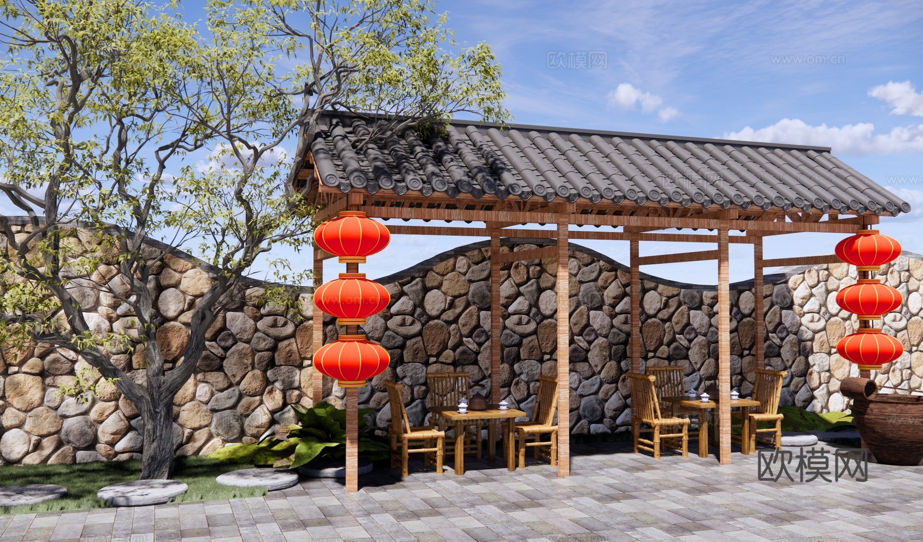 新中式乡村庭园 景观廊架 乡村廊架 休闲茶棚 休息驿站 竹桌su模型