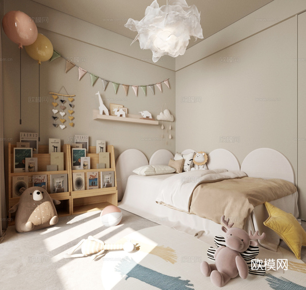現(xiàn)代通用兒童房 奶油風(fēng)家居臥室 兒童床 北歐兒童房 兒童書柜3d模型下載