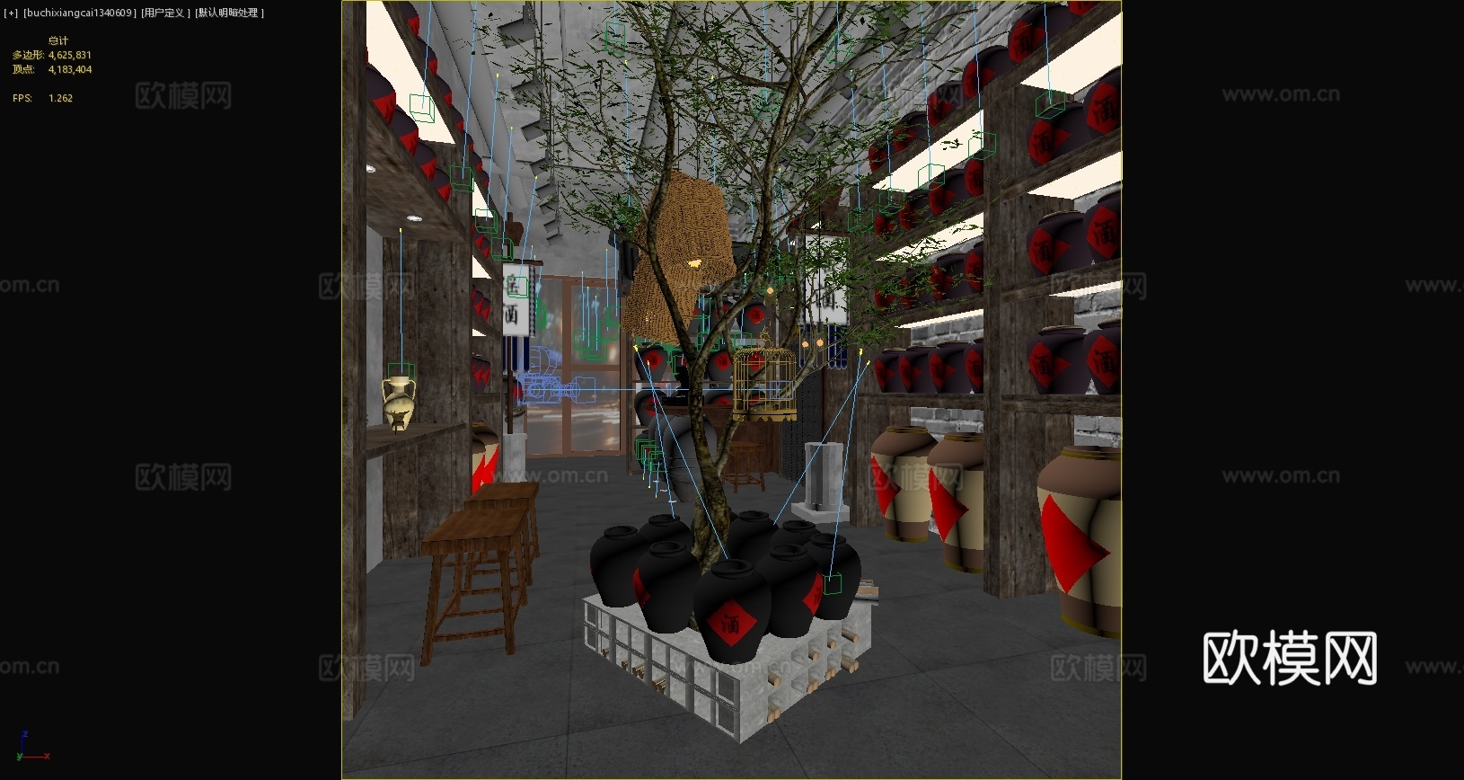 中式酒馆酒缸绿植雕塑板凳东北酒缸吊灯3d模型