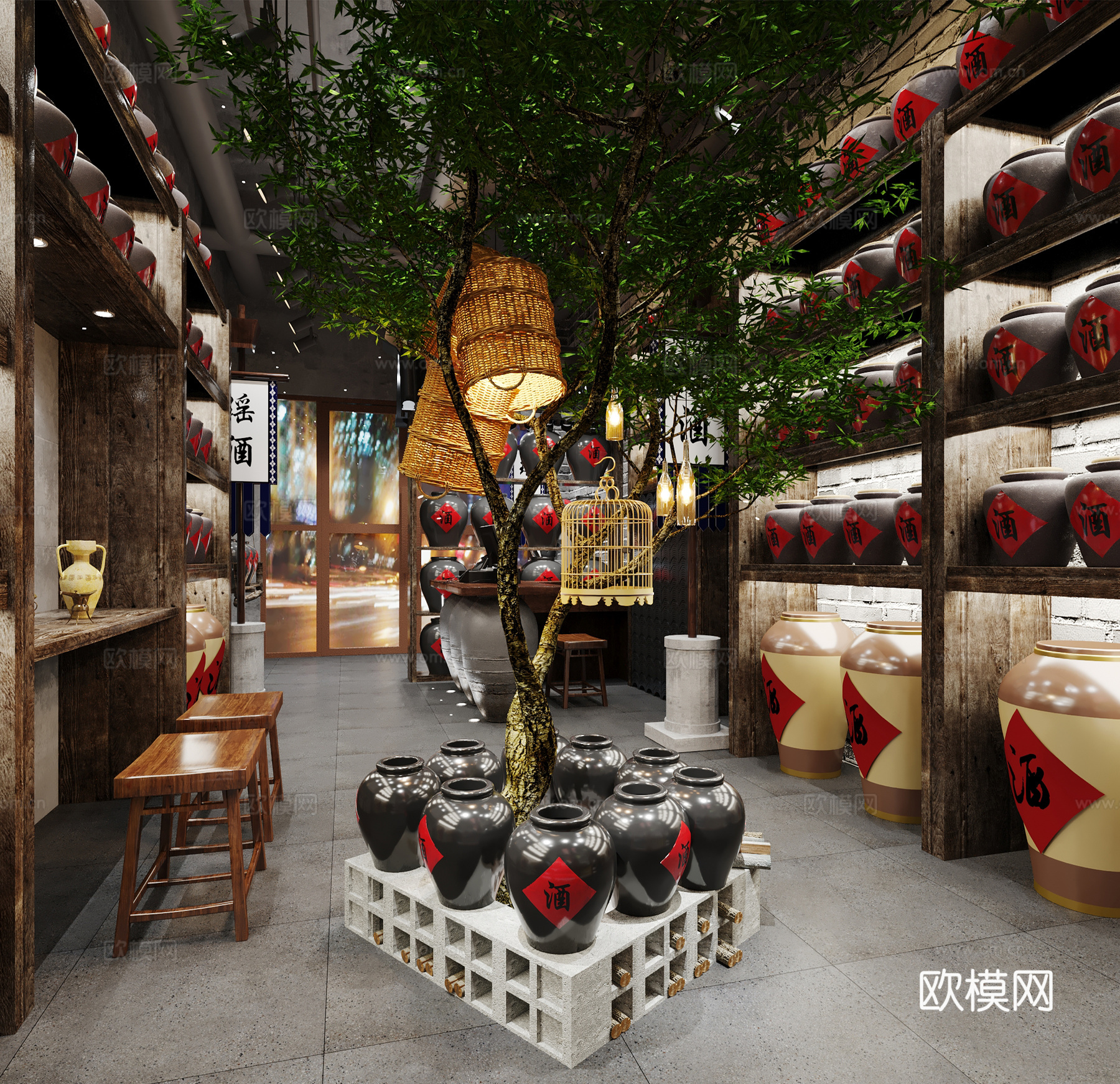 中式酒馆酒缸绿植雕塑板凳东北酒缸吊灯3d模型