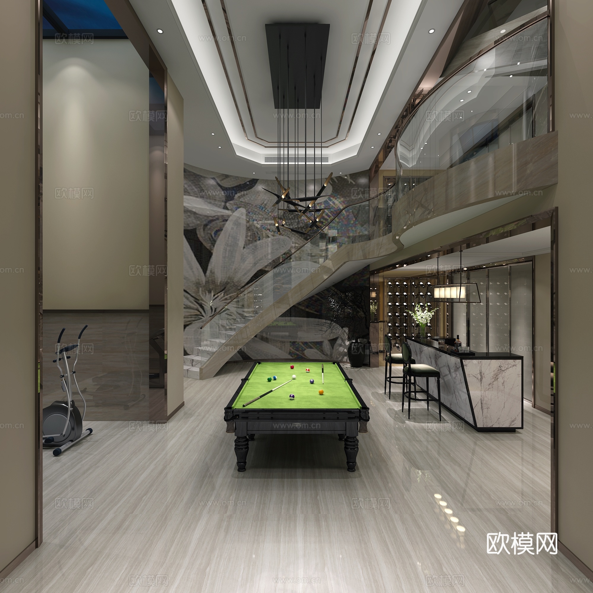 现代地下室 吊灯 酒柜 水吧台 台球 活动室 3D模型3d模型