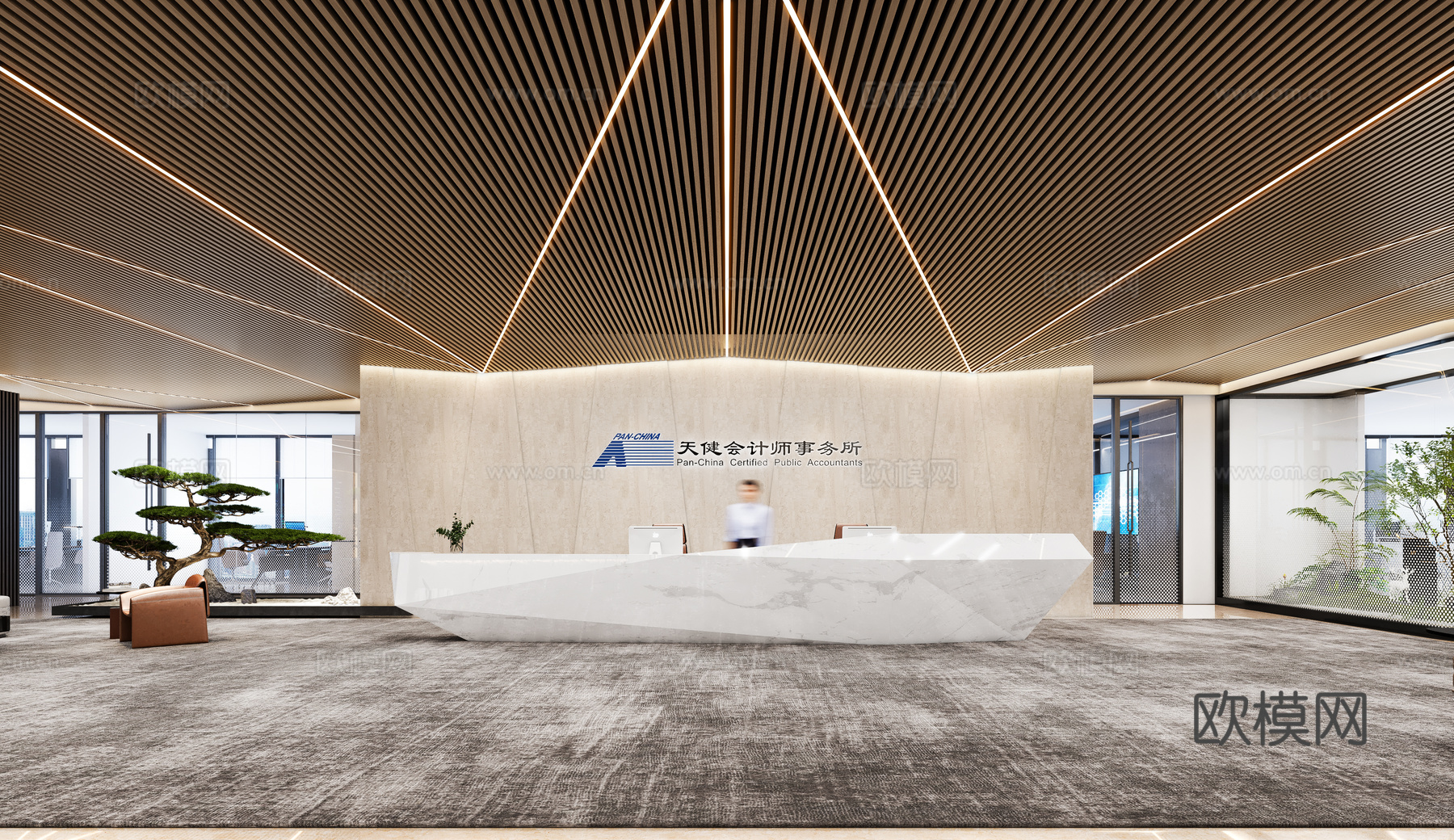 现代办公前台接待异形吊顶书架接待沙发3d模型