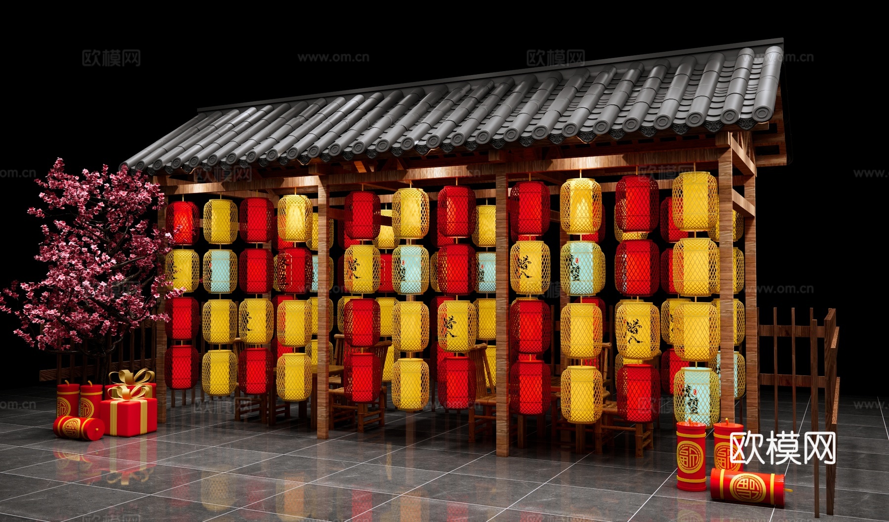 中式灯笼装置美陈 灯谜灯笼 灯会美陈 景区灯笼景墙 新年元宵su模型