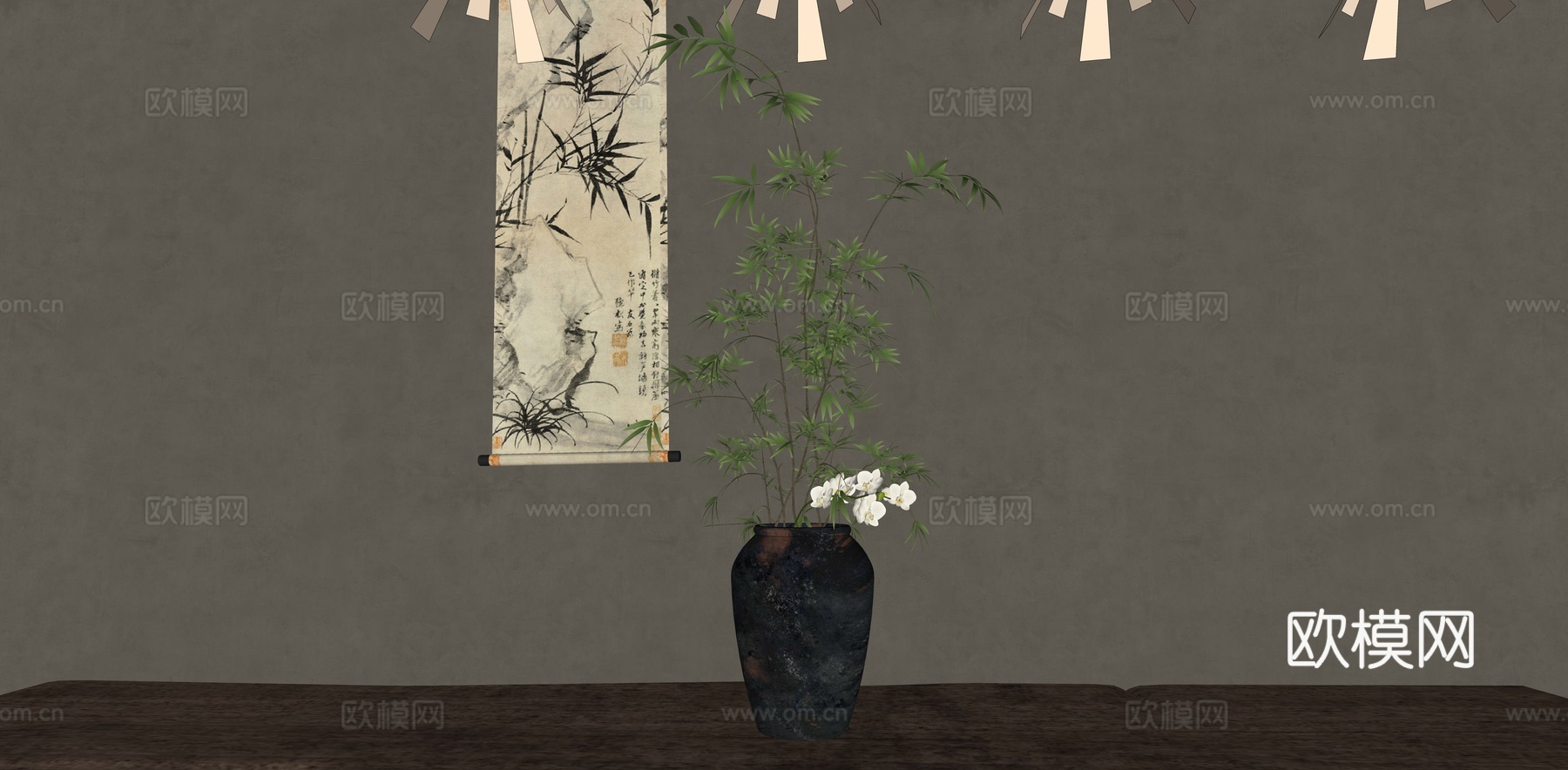 盆景 竹子盆栽 竹艺摆件 陶瓷盆景 插花花卉 挂画陈设品su模型