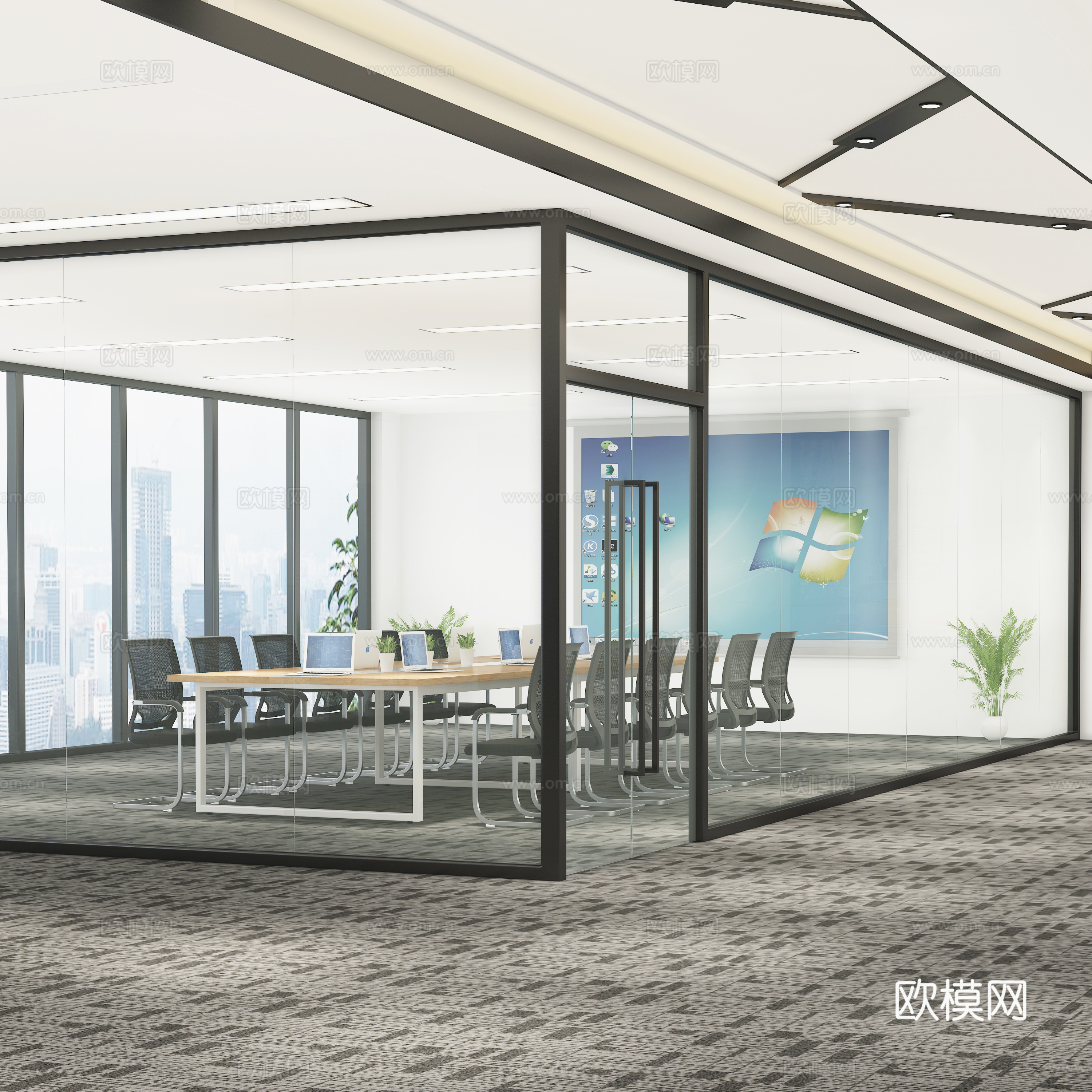 现代办公室 会议室 办公隔断 办公落地窗 职员椅 会议桌椅3d模型