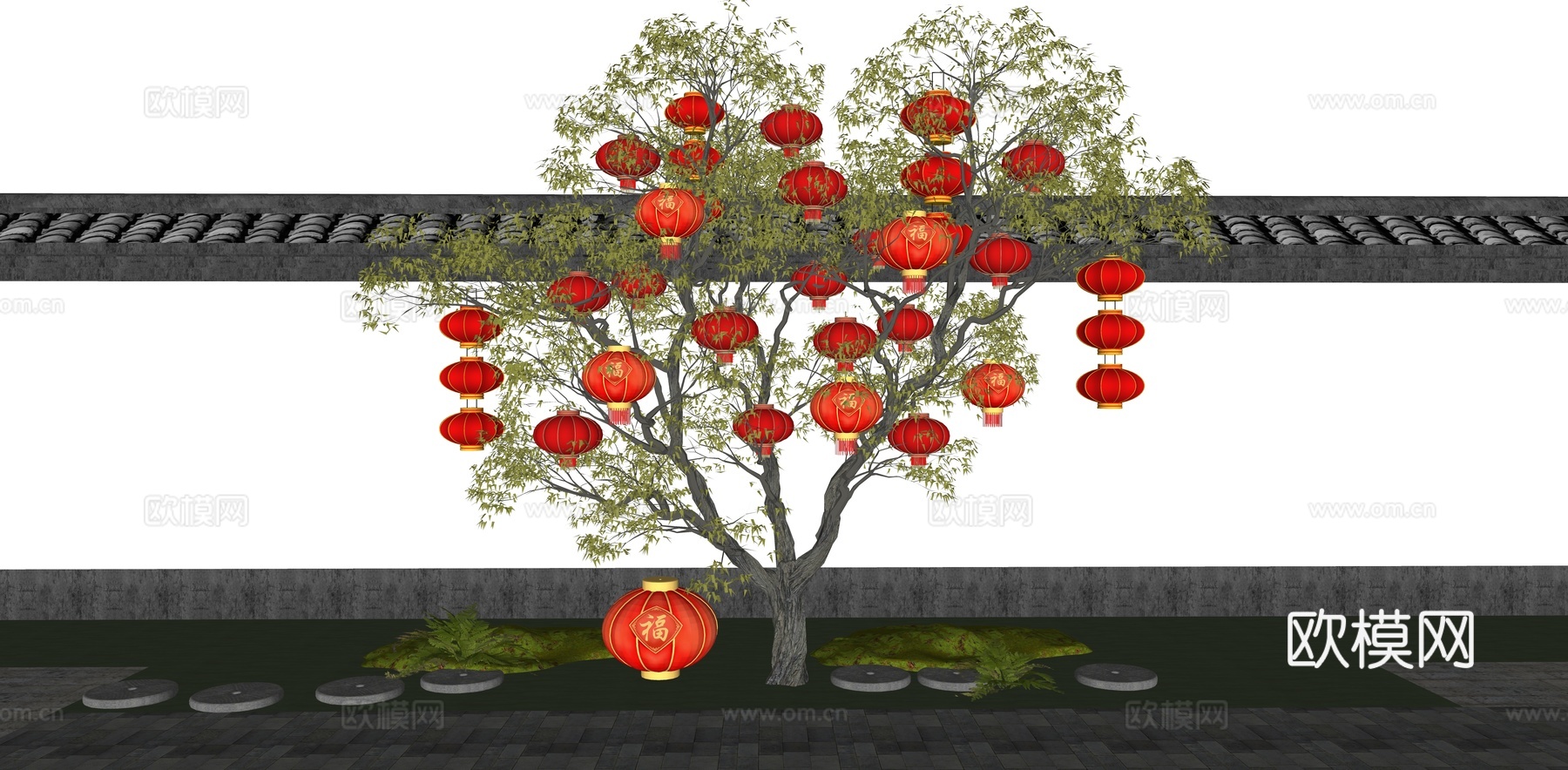 中式灯笼树美陈 新年灯笼 元宵花灯 节庆装饰灯 红灯笼 节日su模型