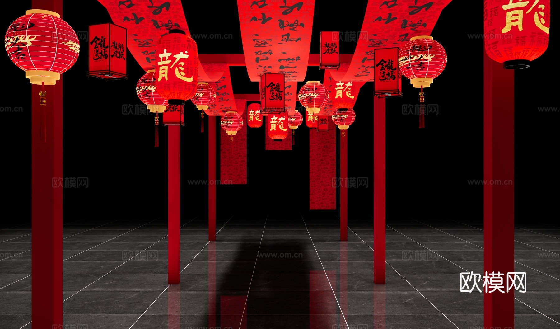 中式新年美陈 红灯笼 春节元宵灯笼 国潮美陈 灯笼木架 节日su模型