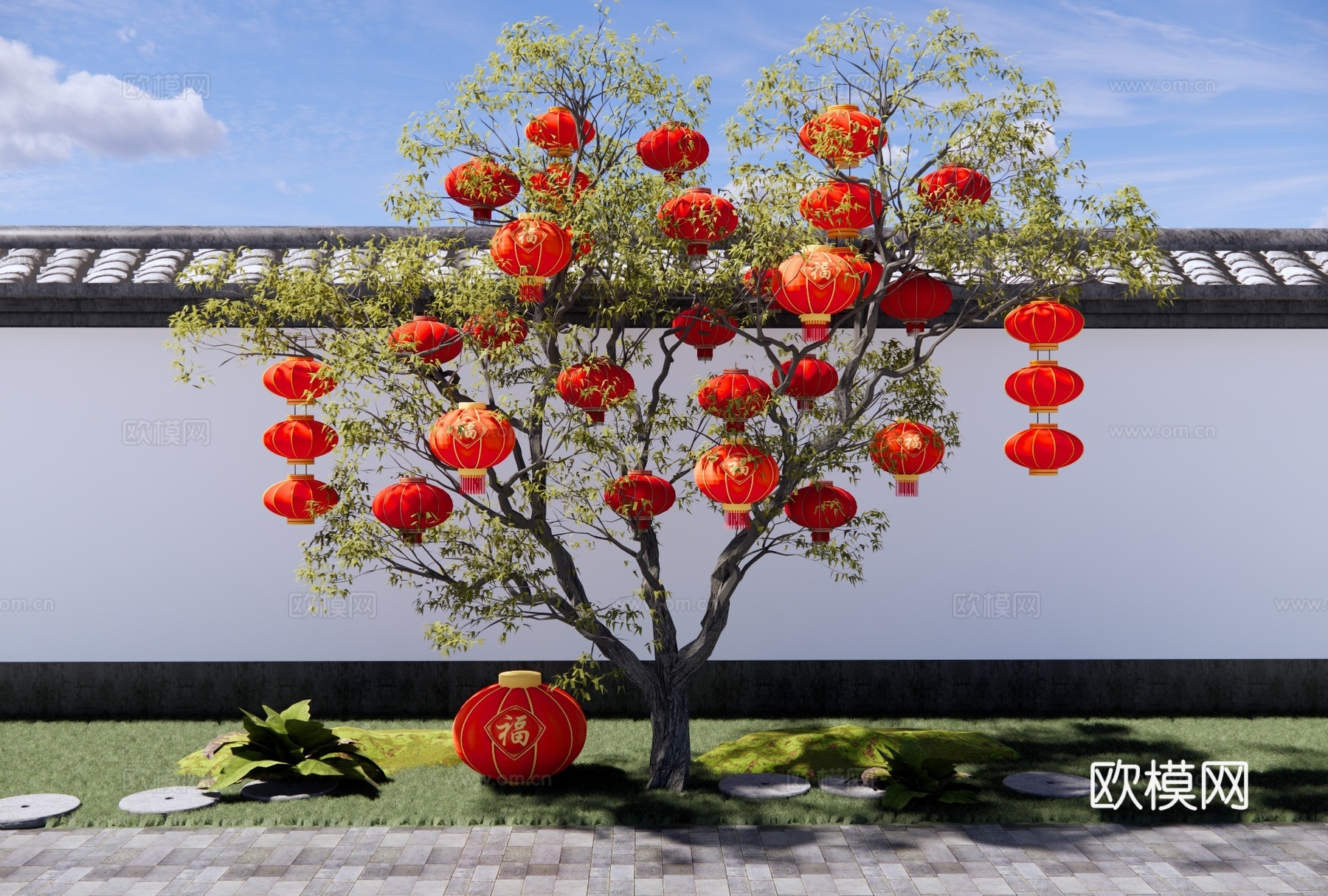 中式灯笼树美陈 新年灯笼 元宵花灯 节庆装饰灯 红灯笼 节日su模型