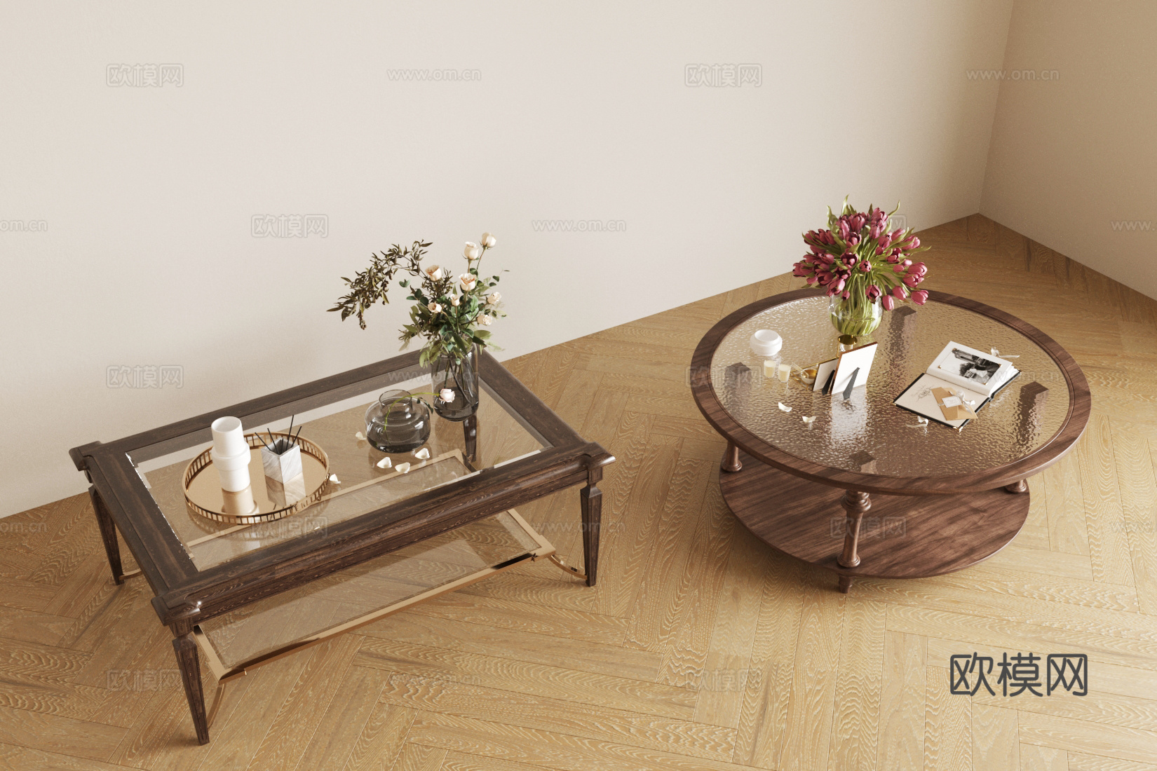 美式茶几 实木茶几 茶几组合 圆形茶几 中古风茶几 茶几摆件3d模型
