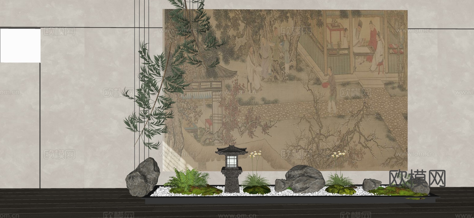 室内景观 景观小品 茶室背景墙 室内造景 植物堆 植物组合su模型