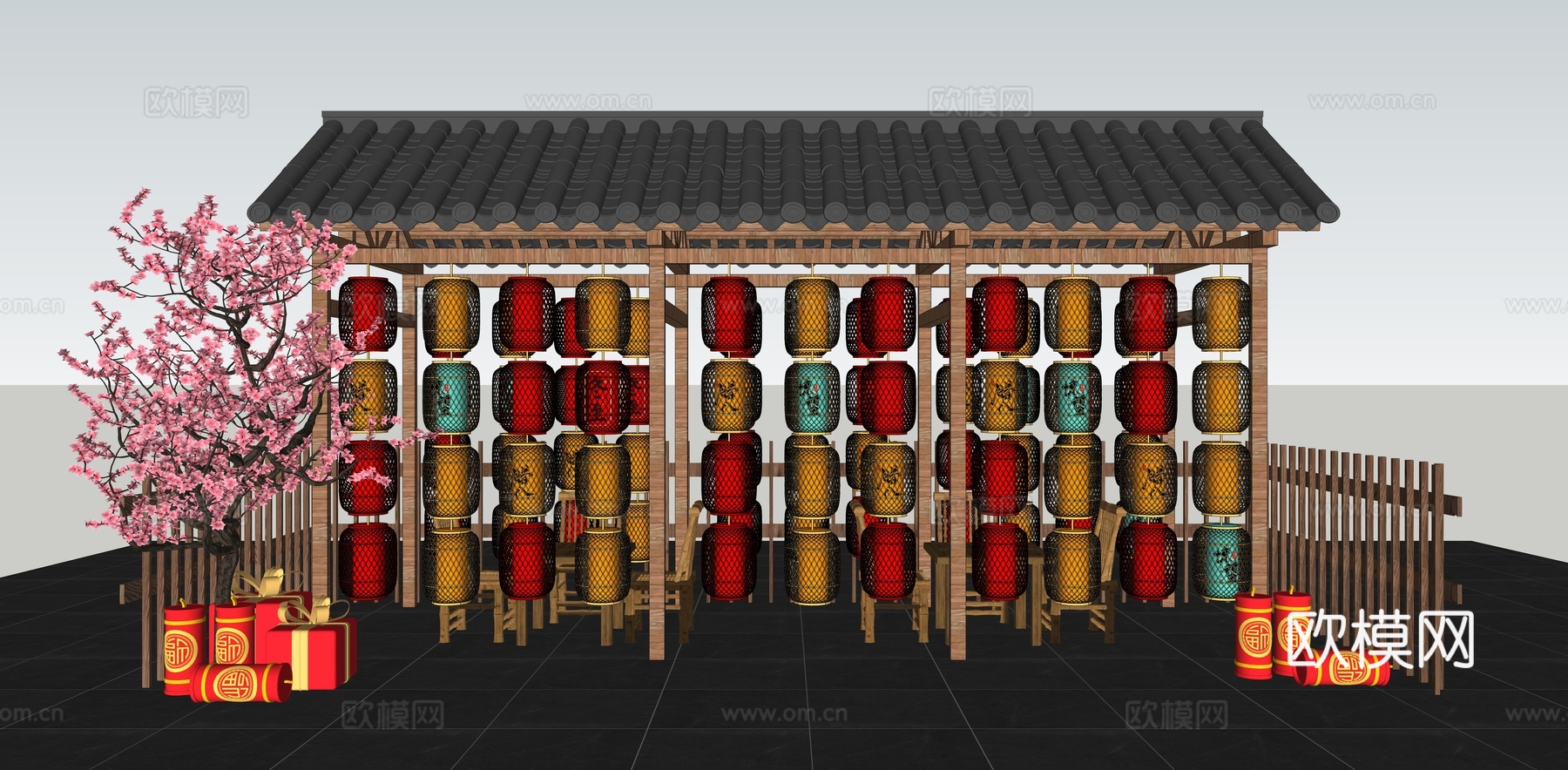 中式灯笼装置美陈 灯谜灯笼 灯会美陈 景区灯笼景墙 新年元宵su模型