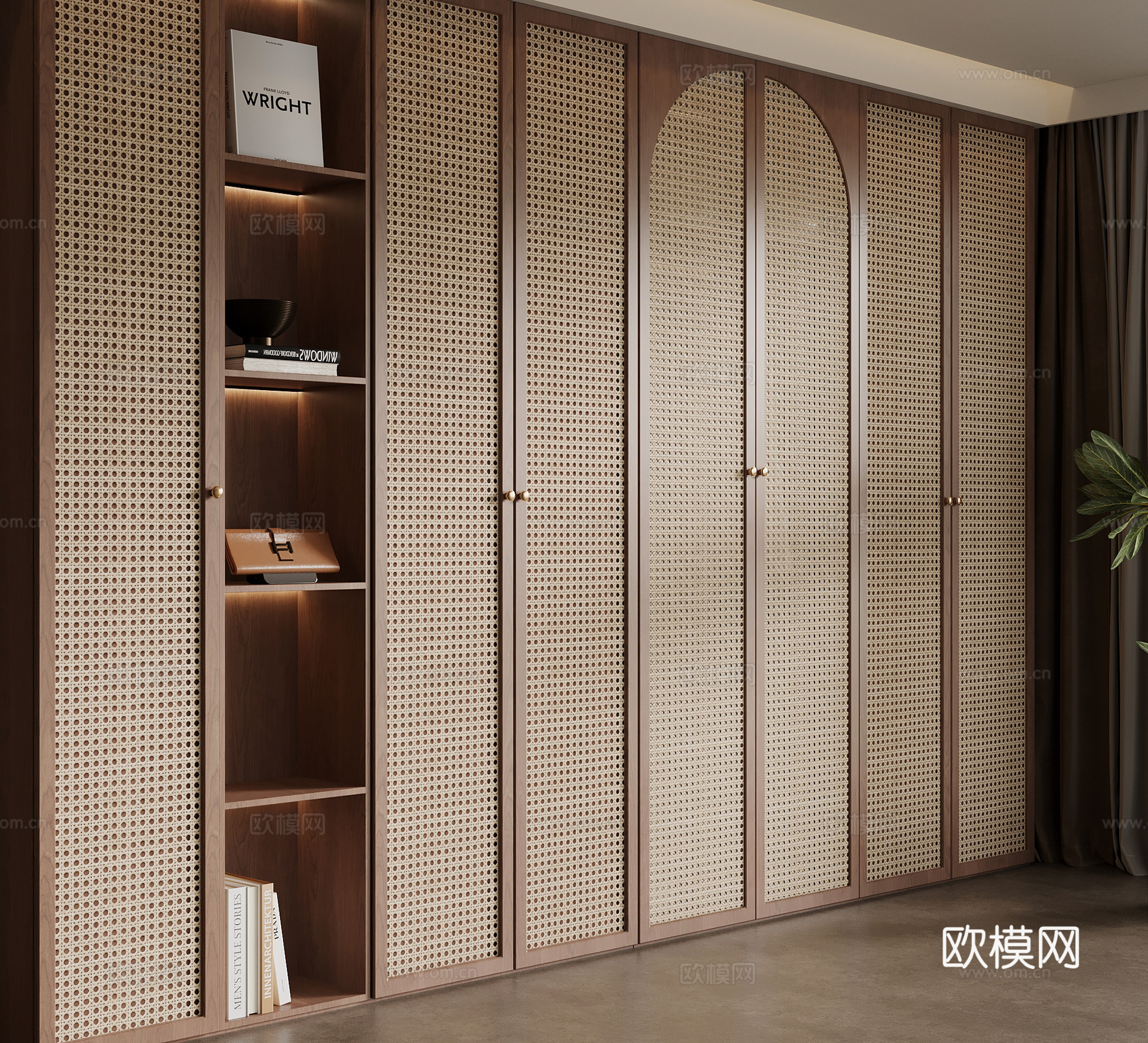 中古风衣柜 藤编柜门su模型