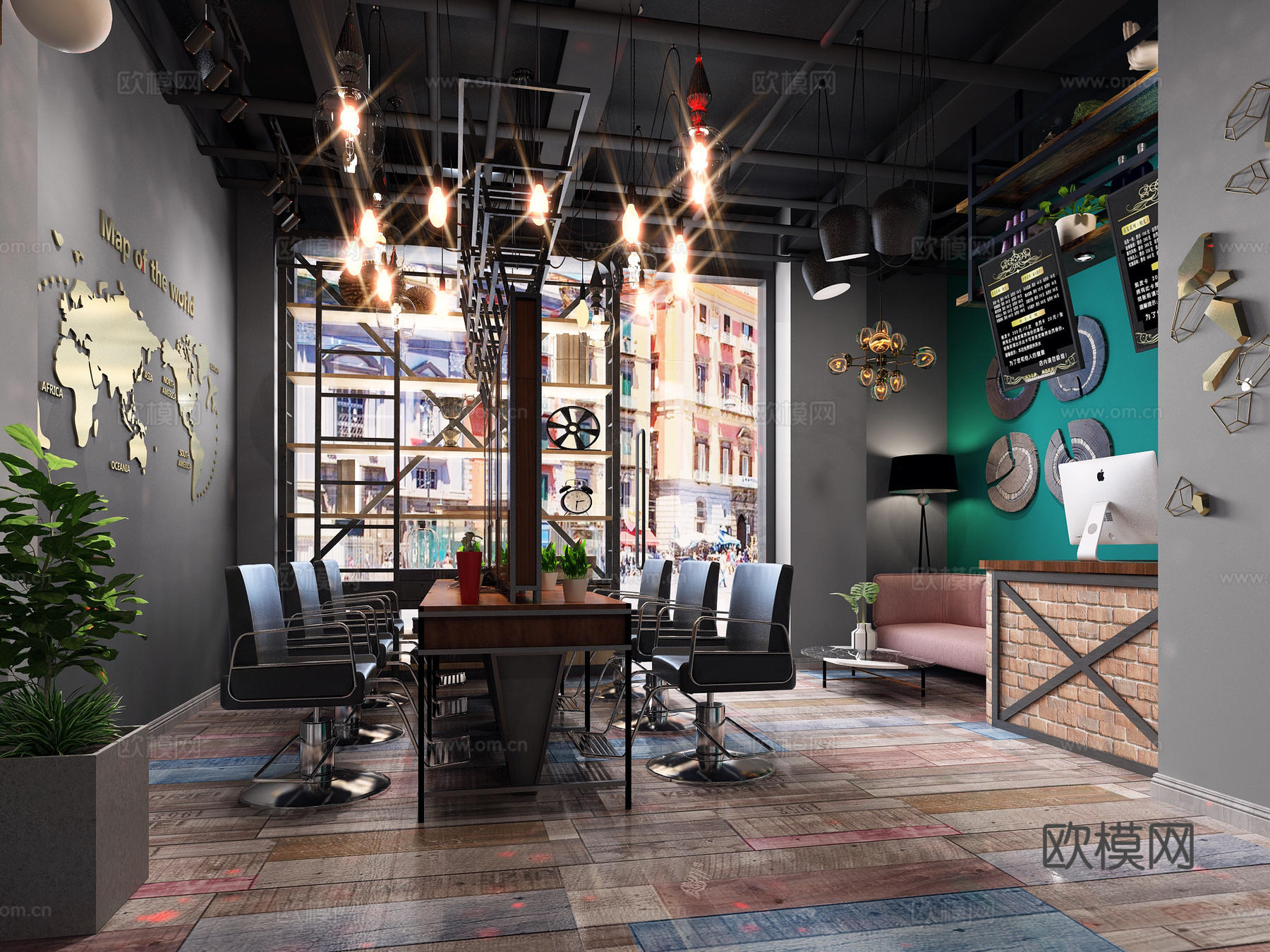 工业风理发店 吊顶背景墙 沙发 吧台 吊顶3d模型