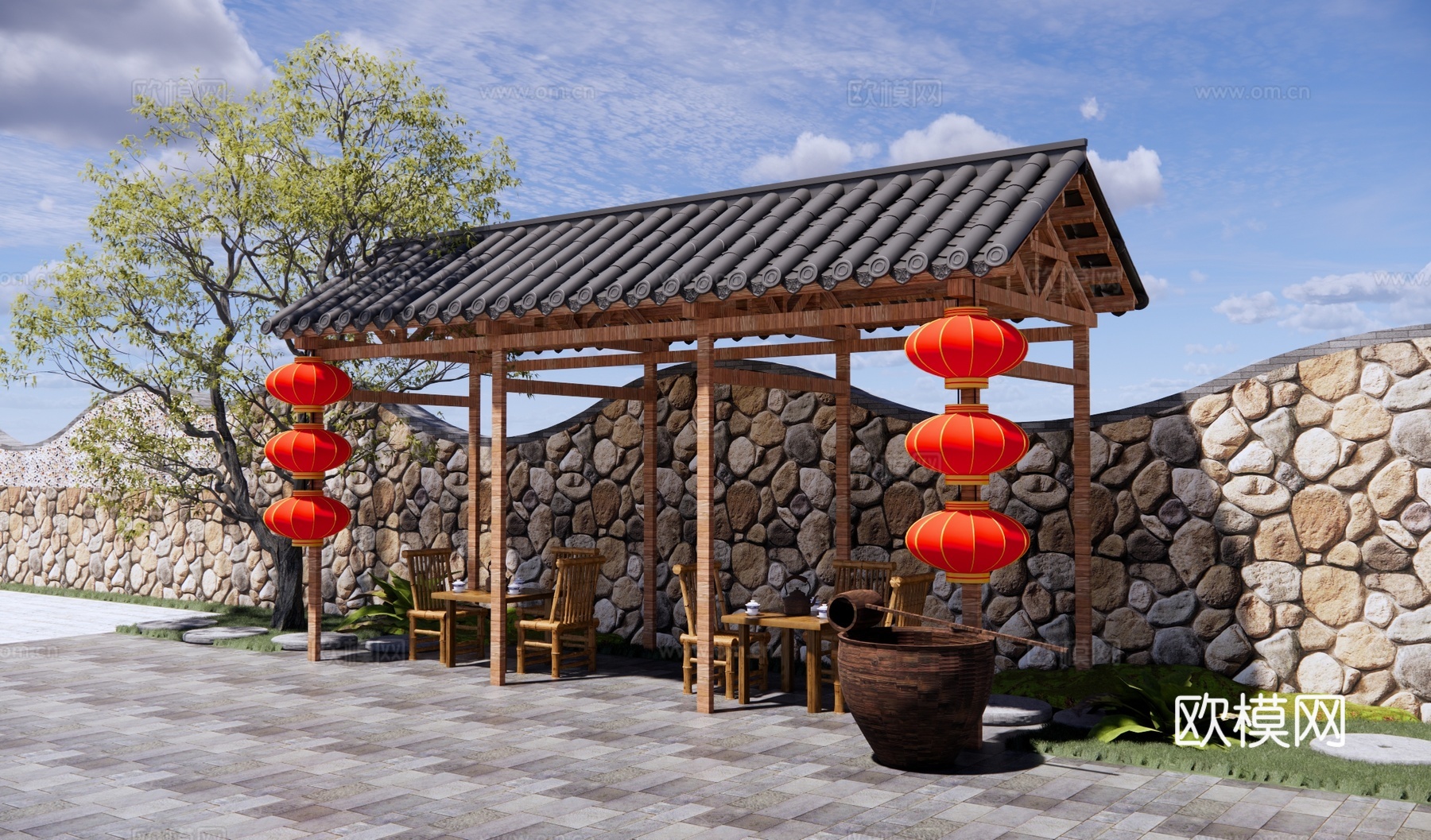 新中式乡村庭园 景观廊架 乡村廊架 休闲茶棚 休息驿站 竹桌su模型