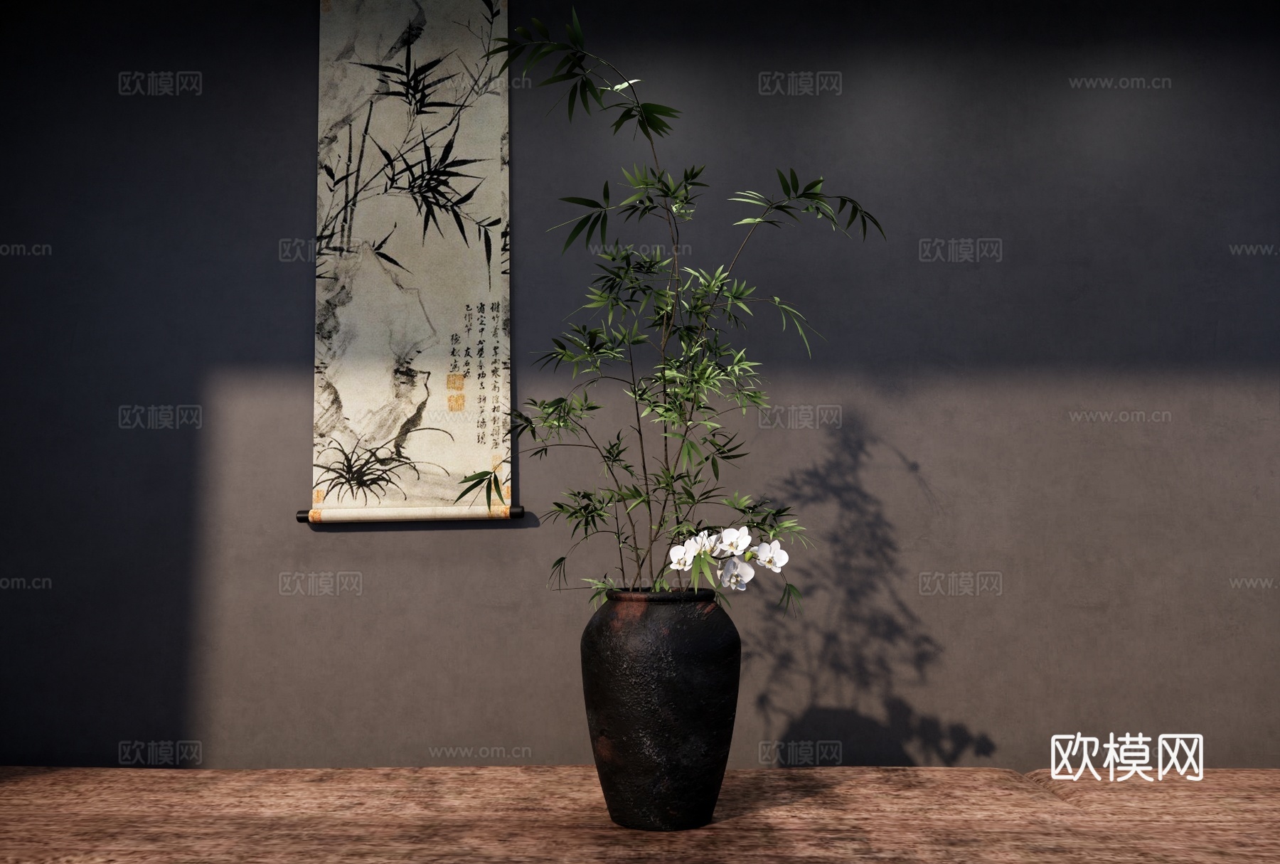 盆景 竹子盆栽 竹艺摆件 陶瓷盆景 插花花卉 挂画陈设品su模型
