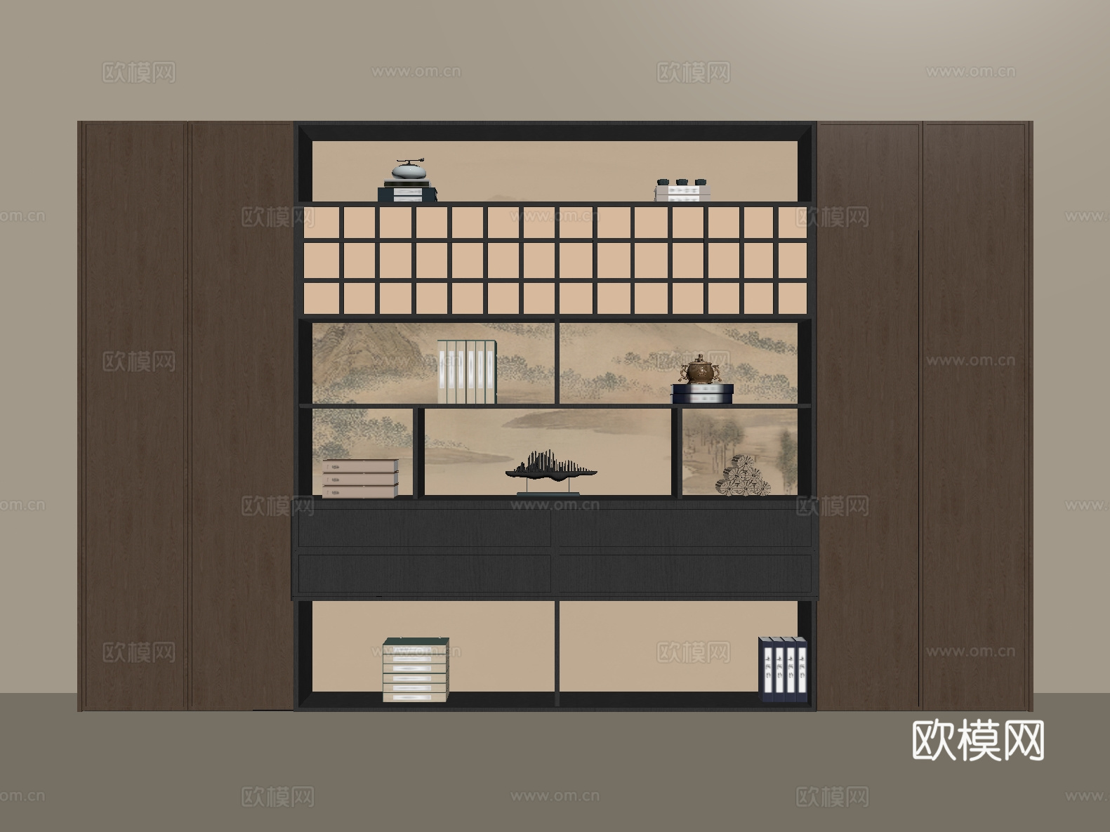 中古 新中式 茶柜 书柜 储物柜 酒柜su模型