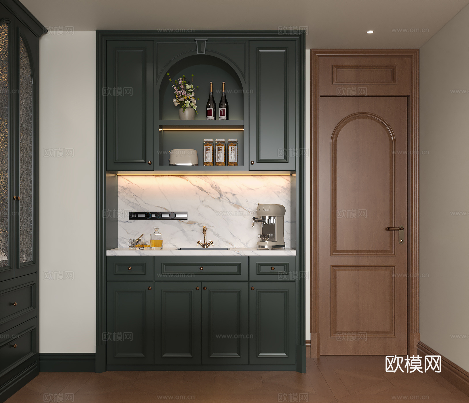 法式复古酒柜餐柜 简欧西厨柜备餐柜 法式中古房门门楣 水龙头su模型