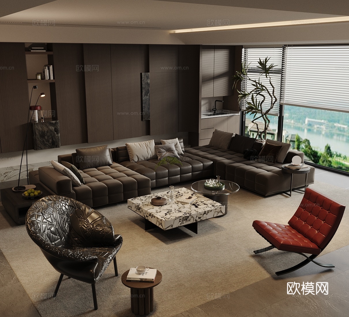 现代意式家居客厅 轻奢意式客厅 沙发茶几组合 高级灰客厅3d模型