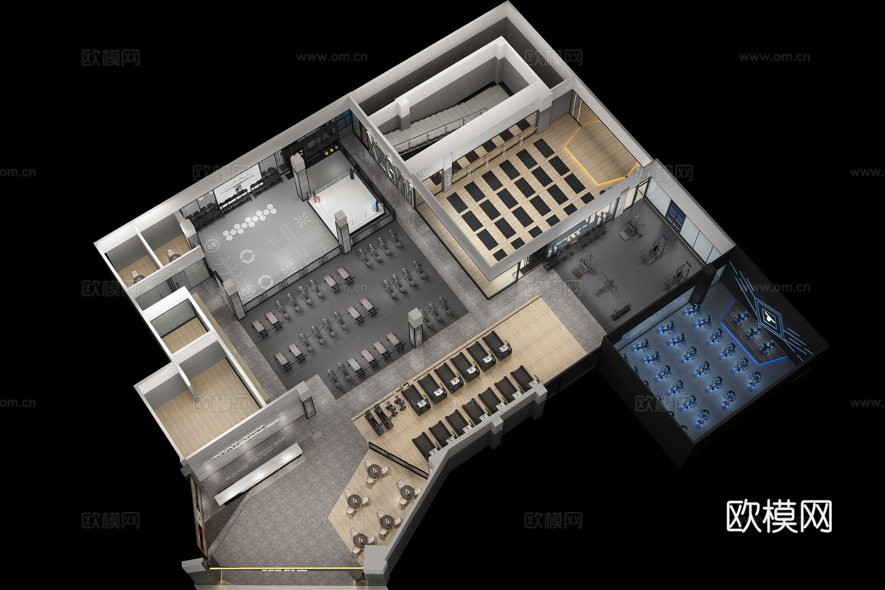 现代健身房鸟瞰3d模型
