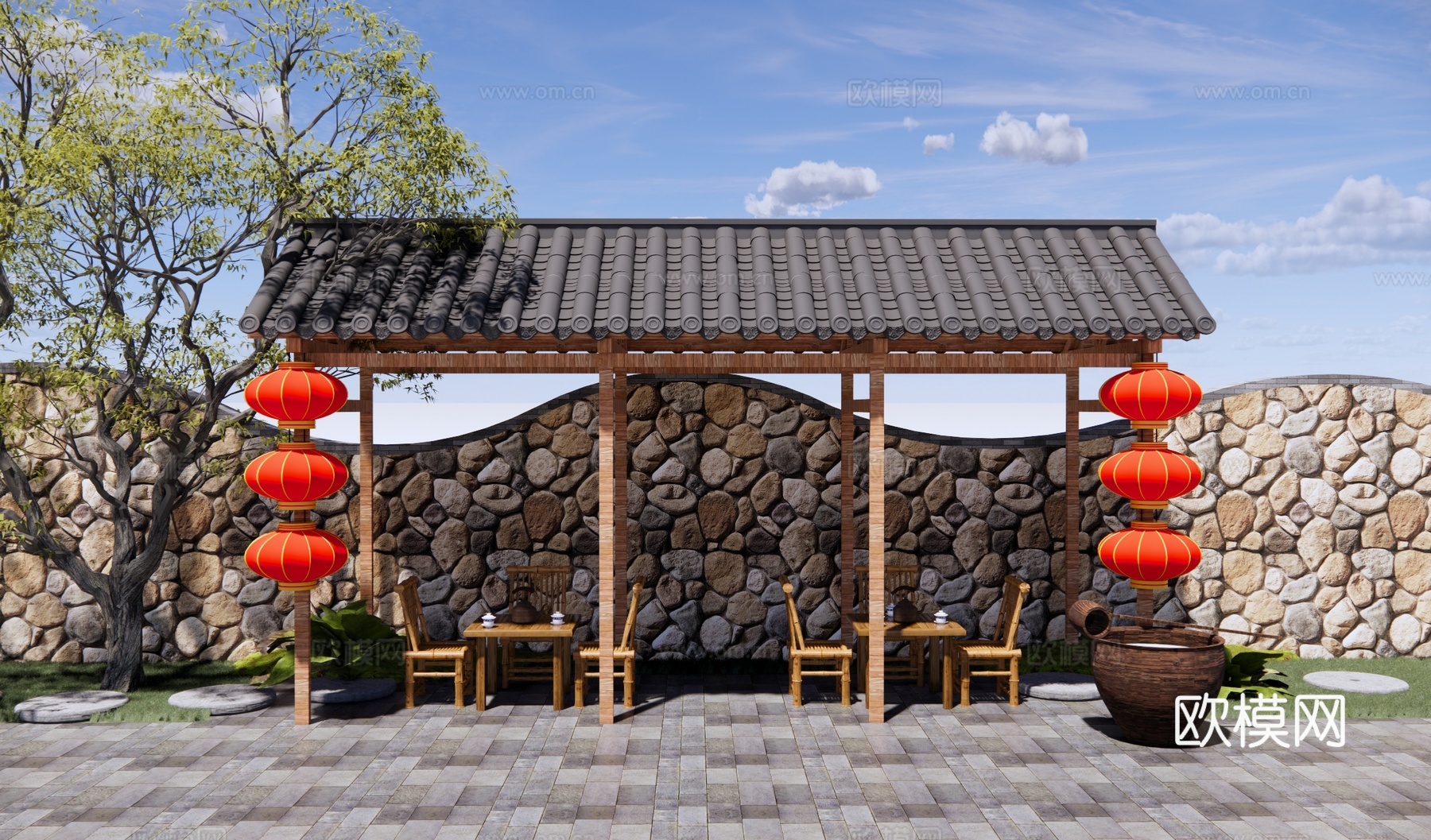 新中式乡村庭园 景观廊架 乡村廊架 休闲茶棚 休息驿站 竹桌su模型