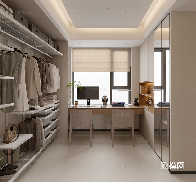 現(xiàn)代簡(jiǎn)約衣帽間臥室3d模型下載(渲染圖4)