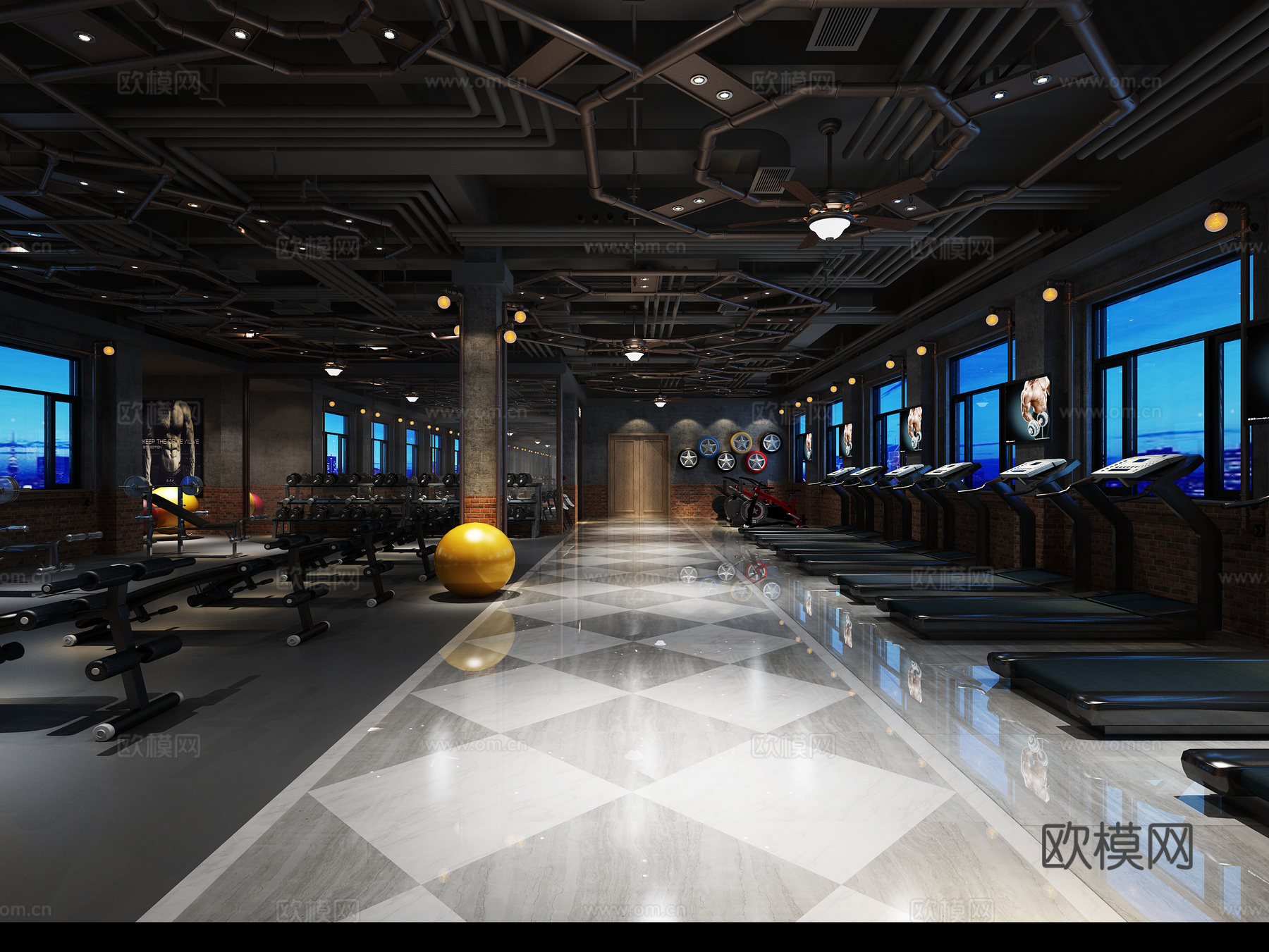 现代健身房 瑜伽室 健身器材3d模型