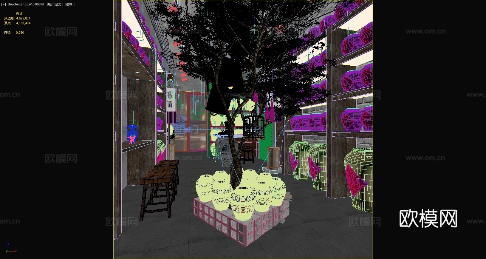 中式酒馆酒缸绿植雕塑板凳东北酒缸吊灯3d模型