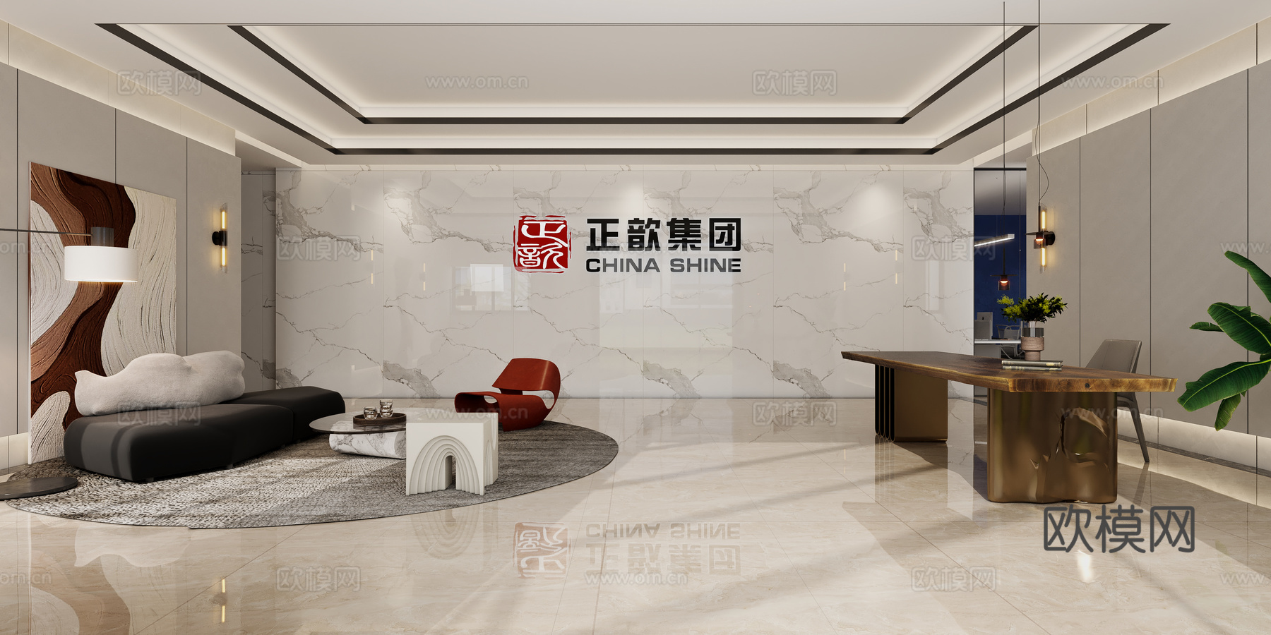 现代公司前台大厅接待沙发装饰画茶桌3d模型