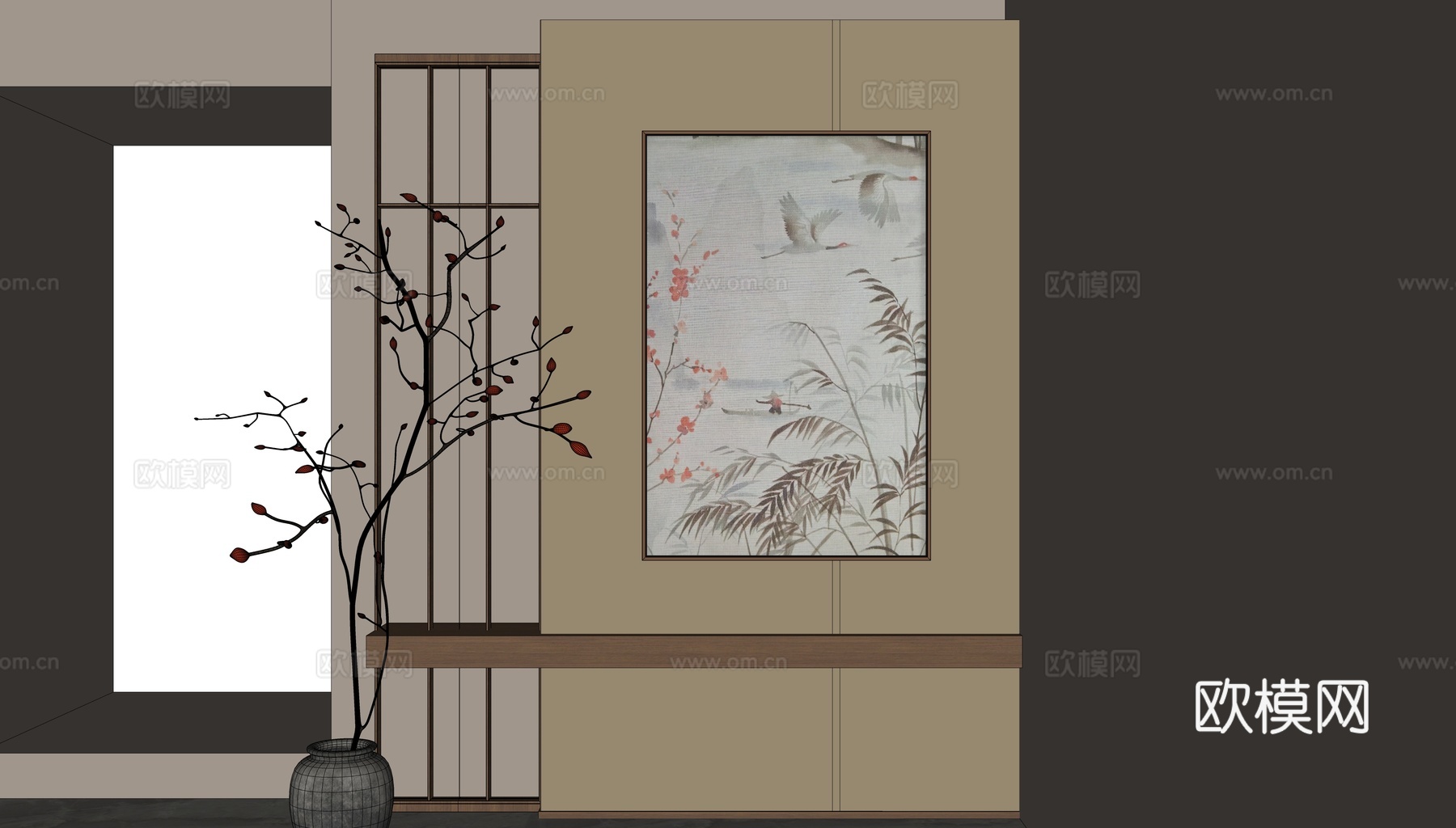 新中式玄关 挂画su模型